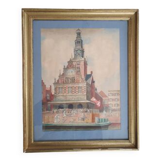 Vue du Waag à Alkmaar aux Pays-Bas. Aquarelle, Charles CERNY (1892 - 1965 )
