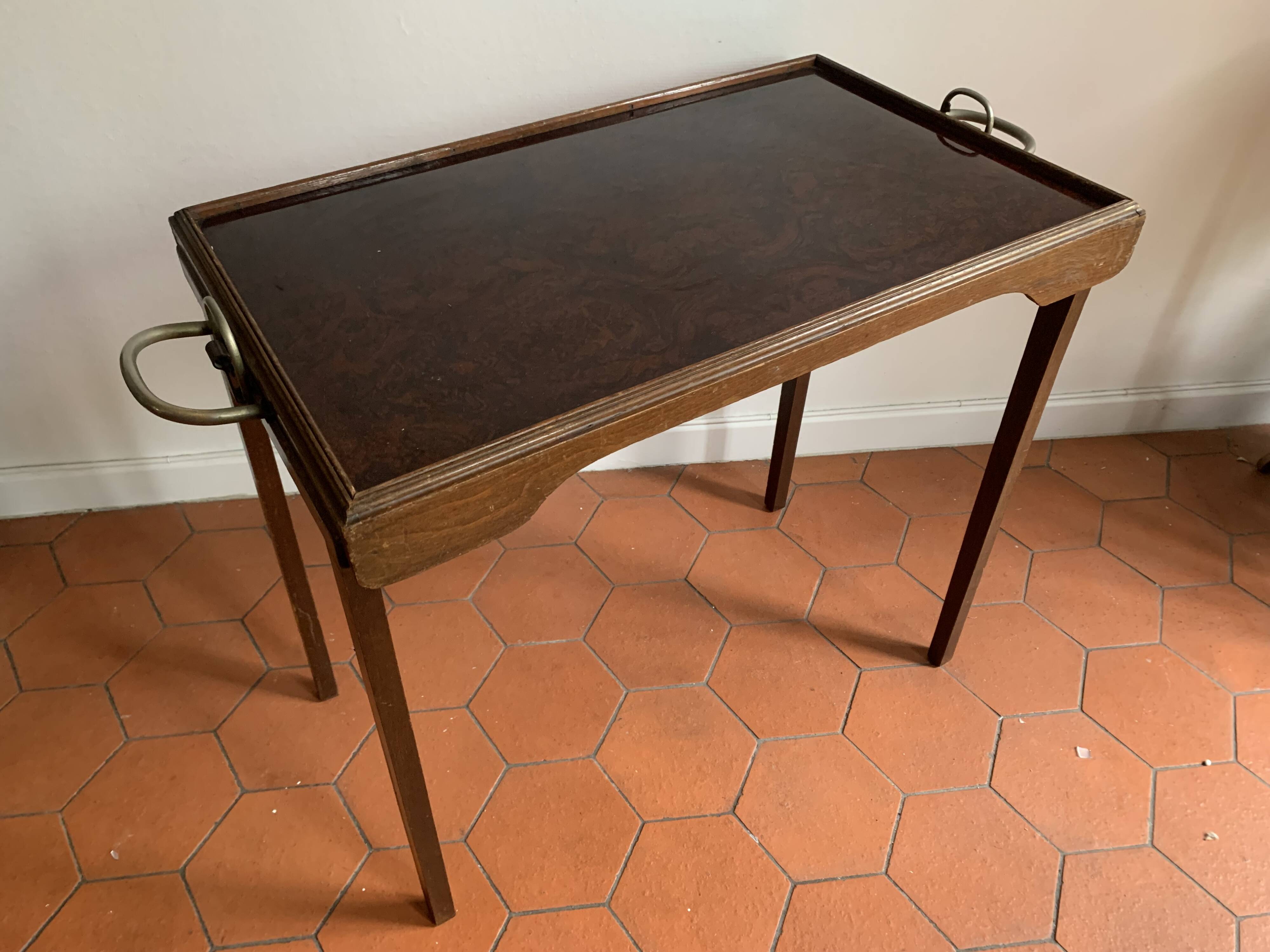 Folding table top in wood and tuya burl, 1930/40, brand "Platotable"