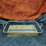 Beige and blue woven wicker tray - ceramic handle