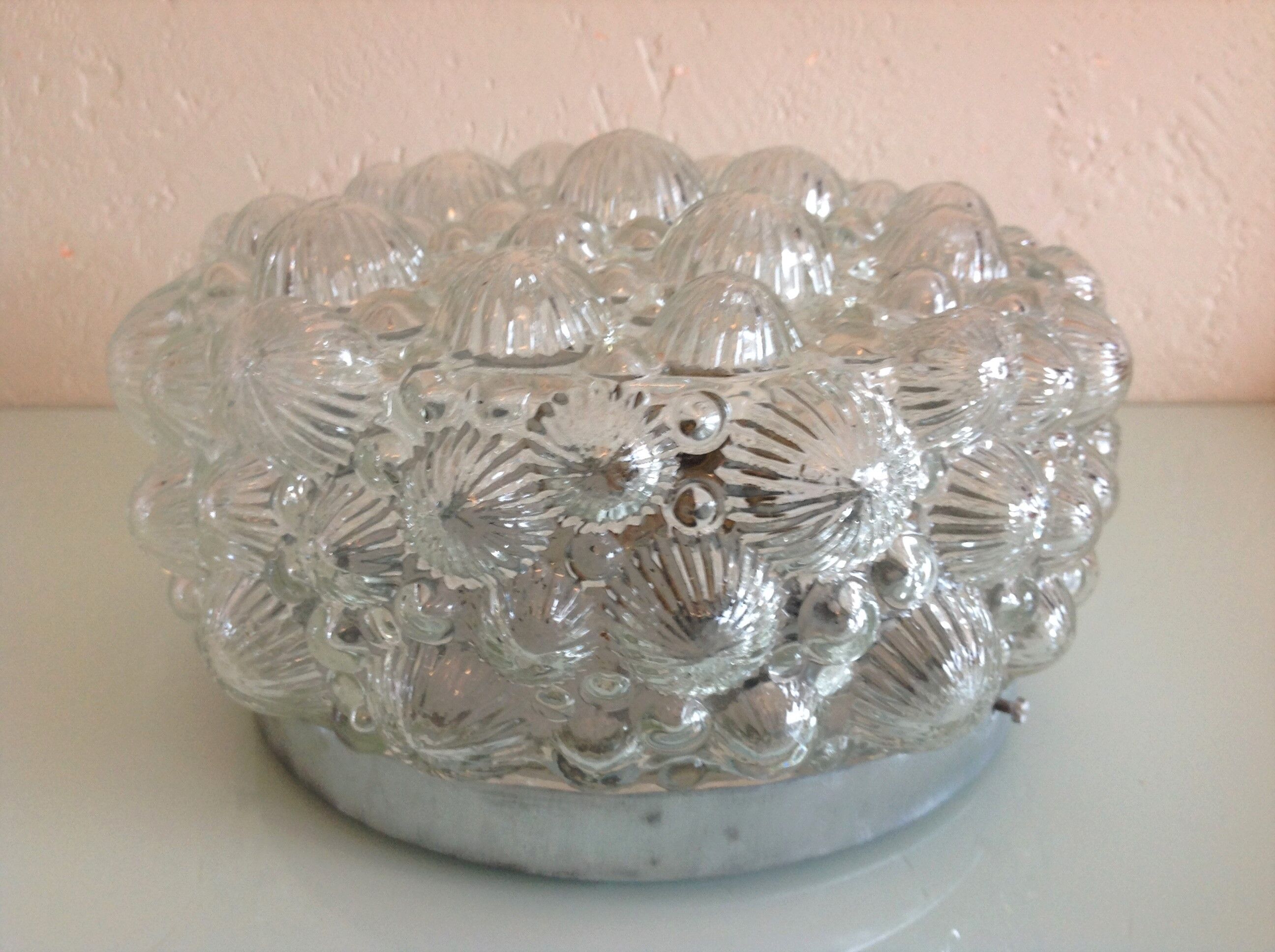 Round ceiling lamp in vintage bubbled glass 60s-70s