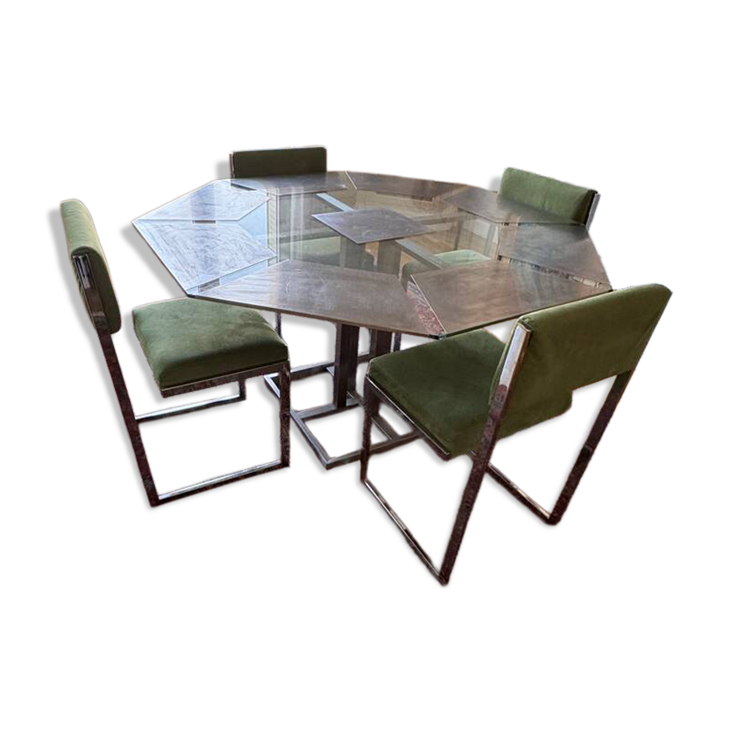 Vintage 1970s glass table + 4 chairs UNIQUE PIECE