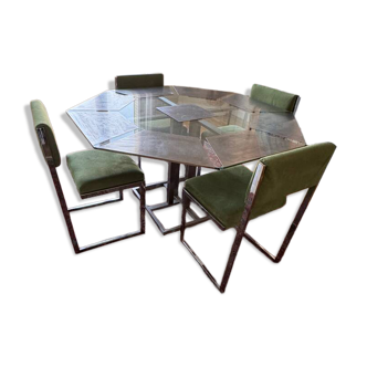 Vintage 1970s glass table + 4 chairs UNIQUE PIECE