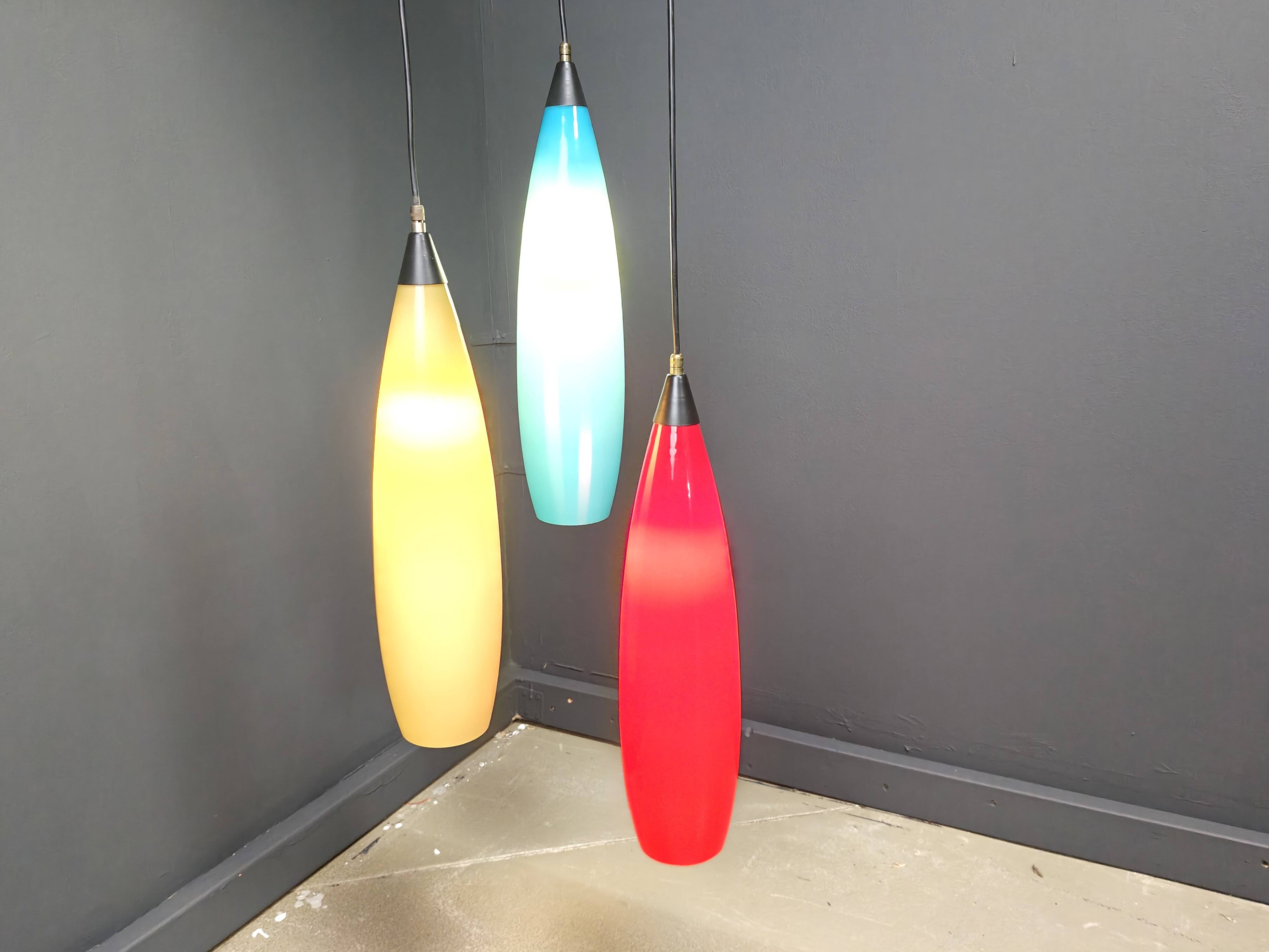 Vintage 3 glass pendant lights by Vistosi, 1970s