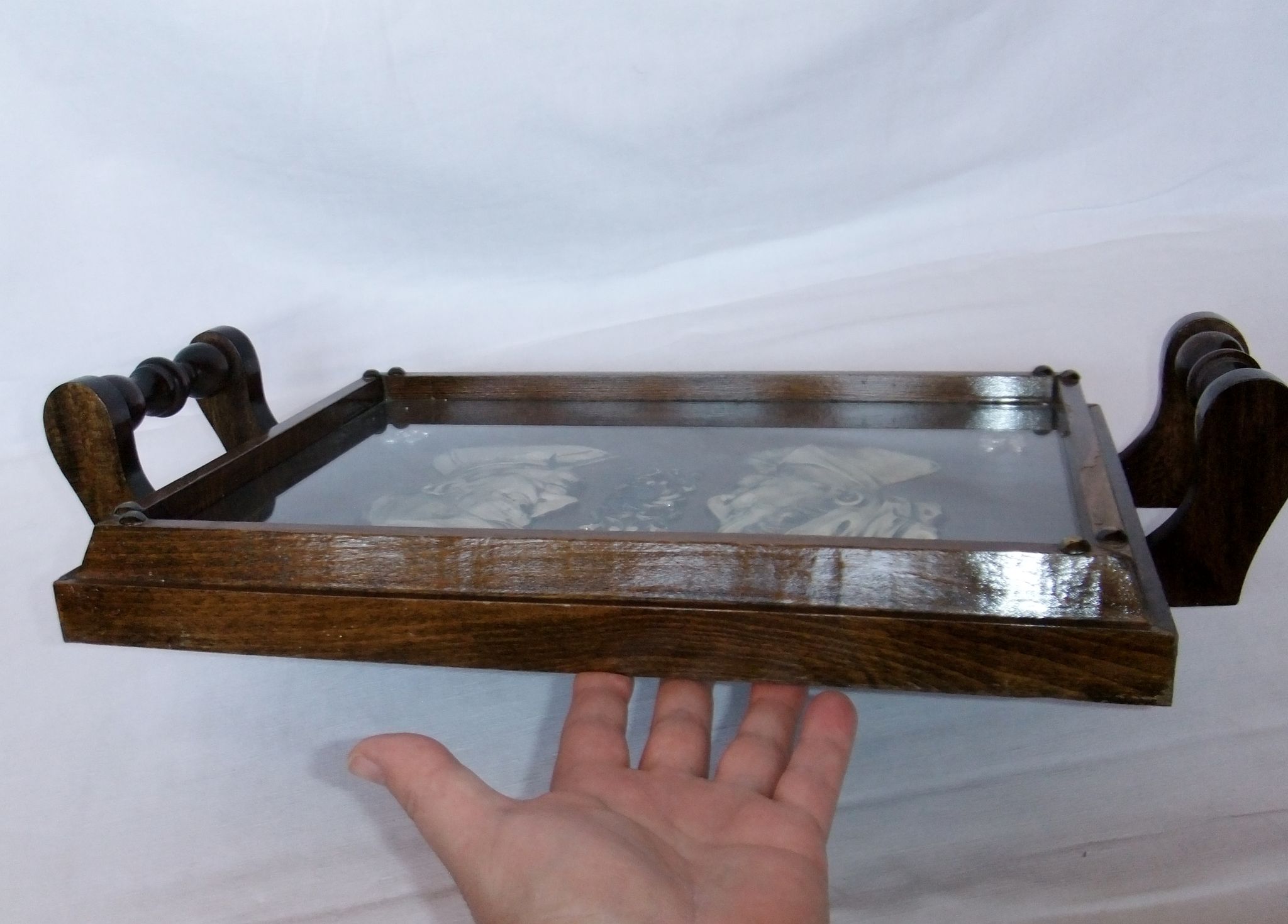 Basque service tray cross character under glass wood vintage handles painting