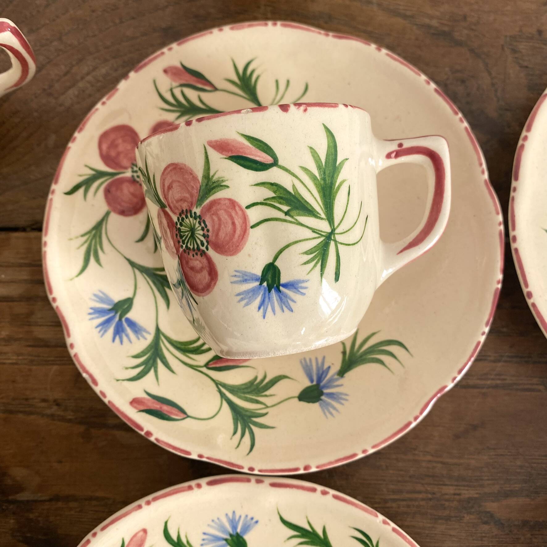 Coffee cups and saucers in Desvres earthenware.