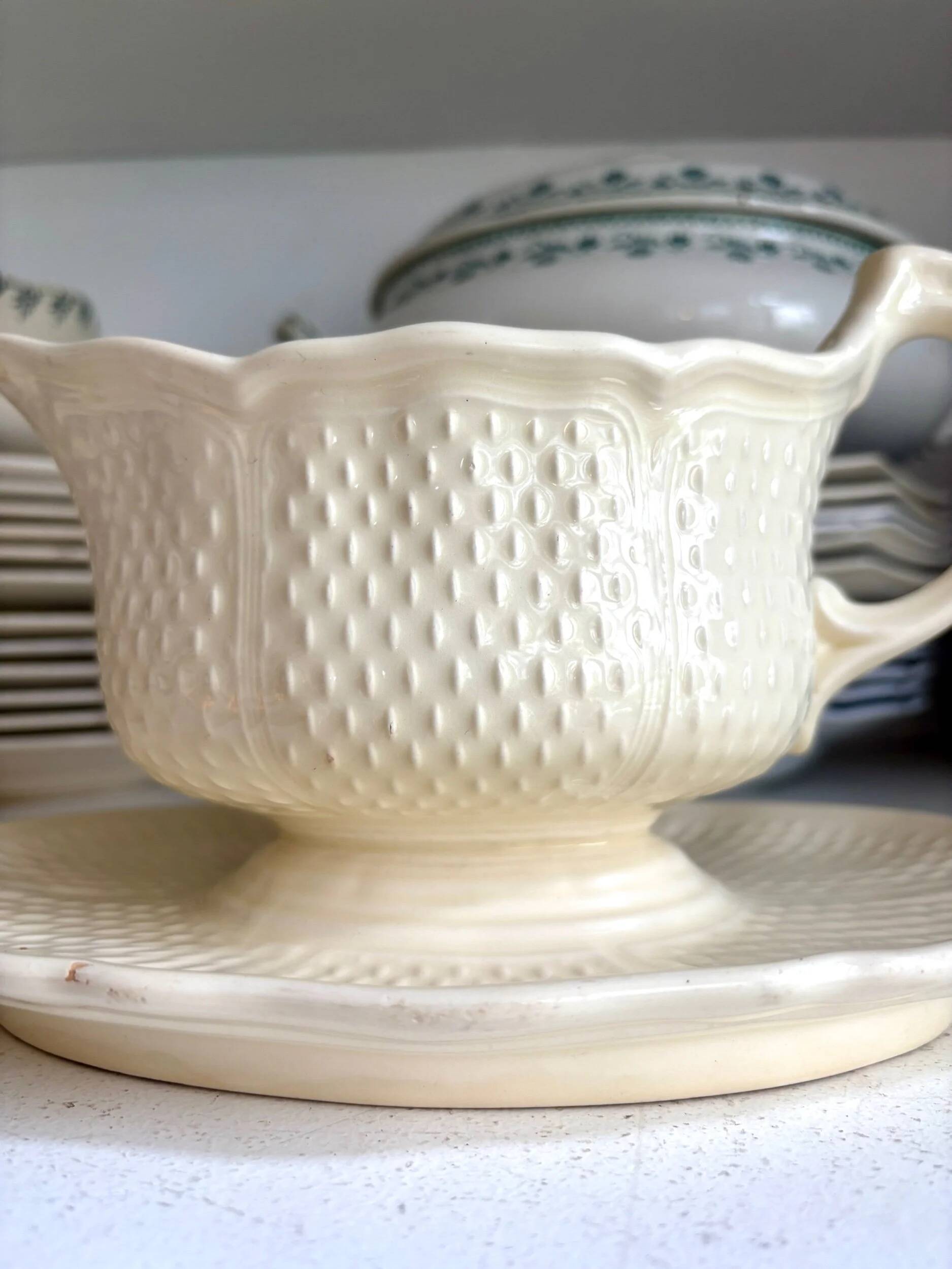 Gien earthenware sauceboat, "Pont aux choux" service