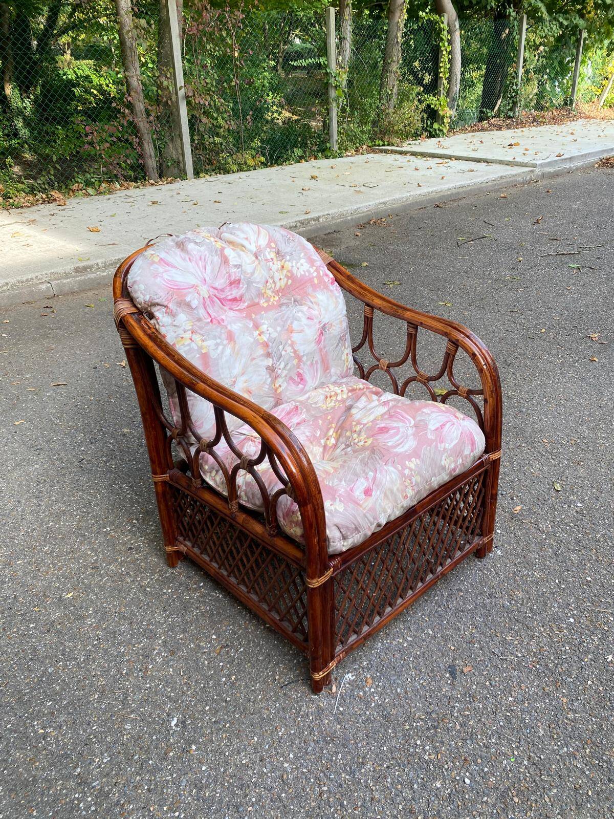 Adult burgundy rattan and wicker armchair with cushion 1970
