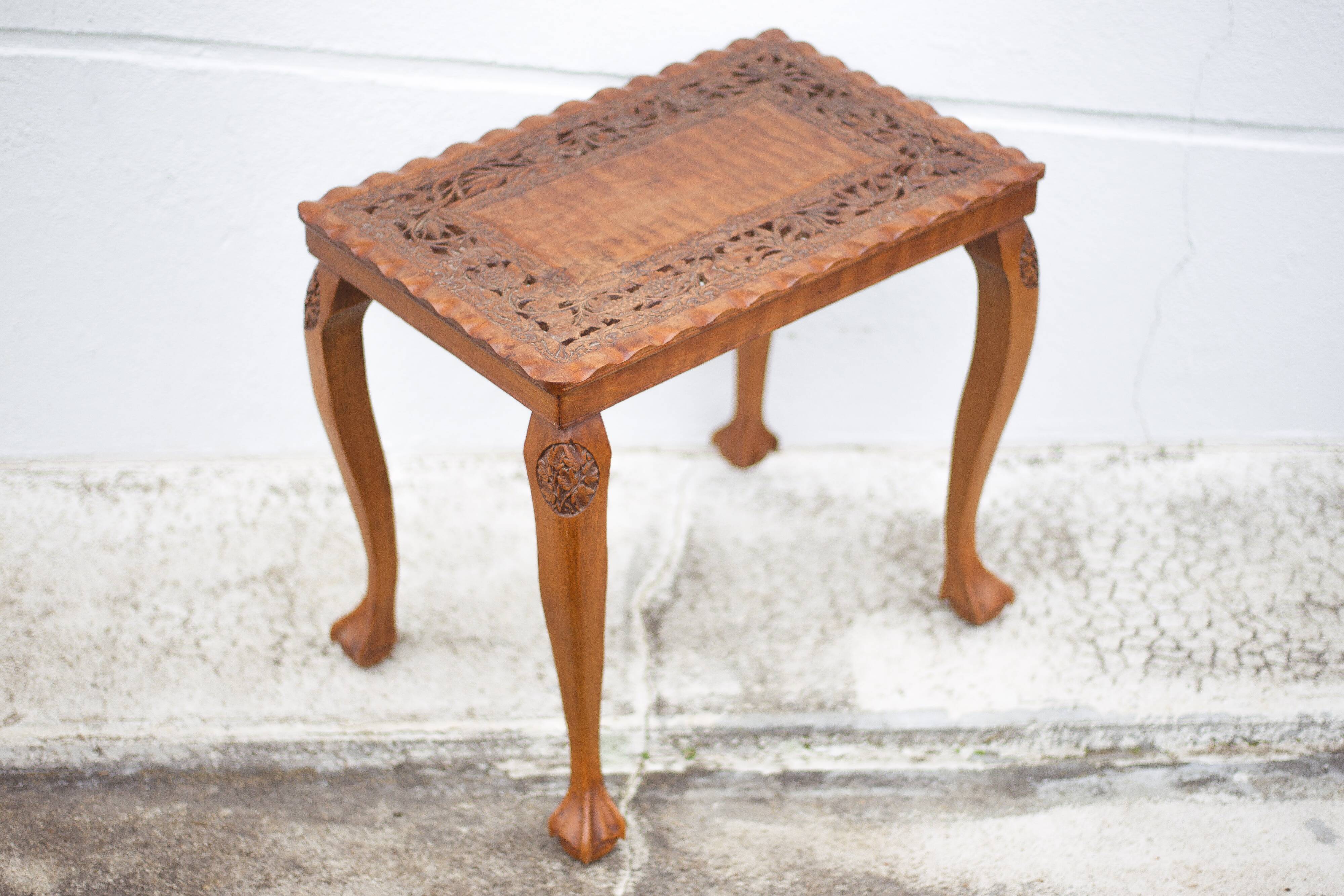 Handmade carved wooden pedestal table, vintage molded coffee table, claw foot table