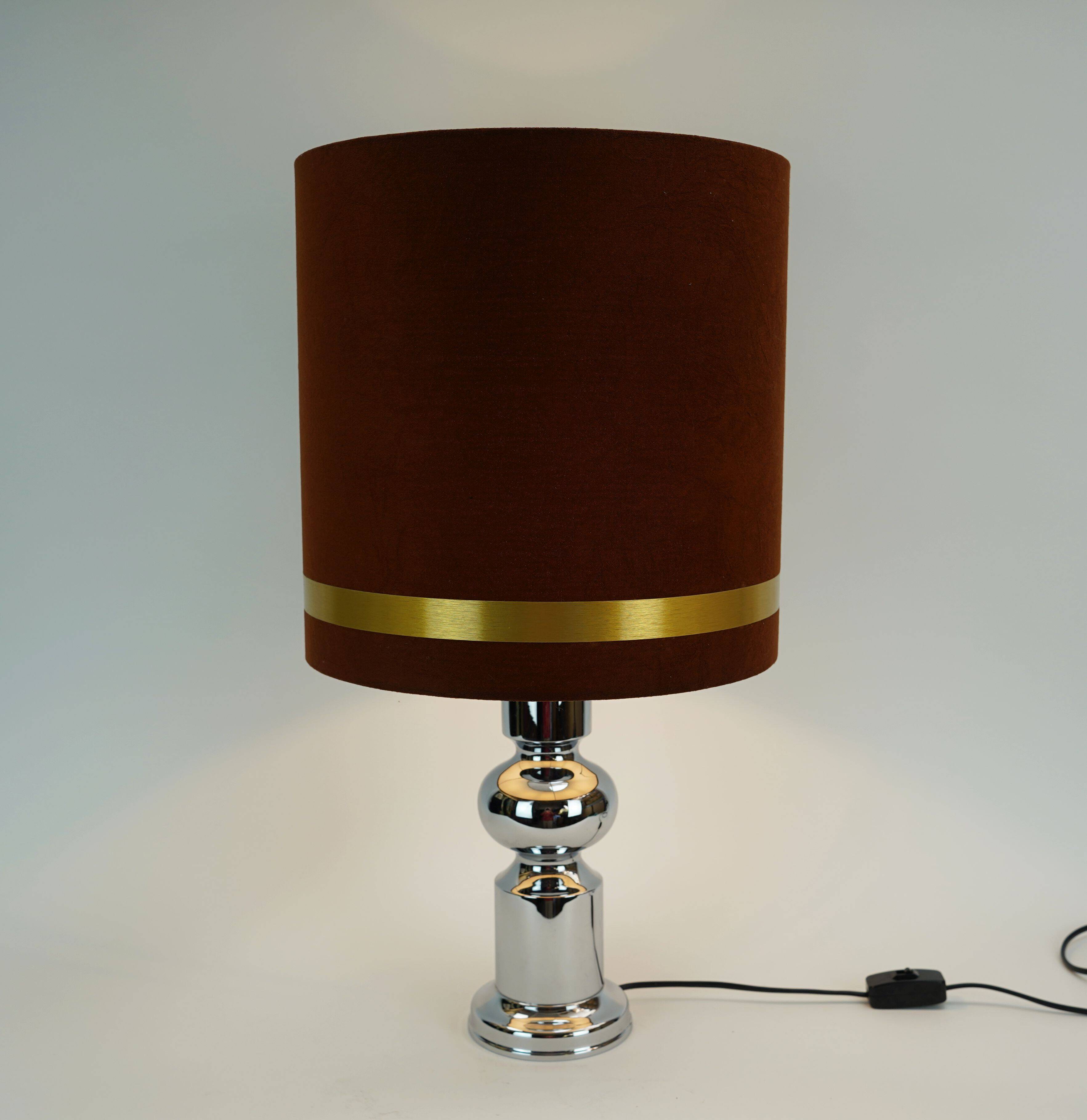 1970s table lamp aro-leuchten chrome base brown velvet lampshade