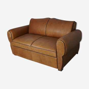 French leather moustache back club sofa 2-seater, art deco, 1940's
