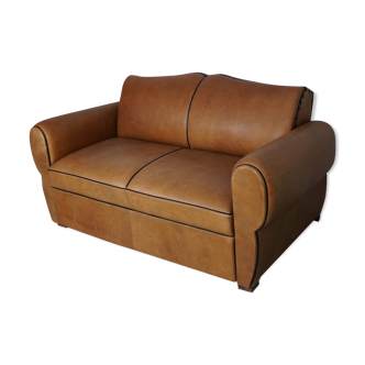 French leather moustache back club sofa 2-seater, art deco, 1940's