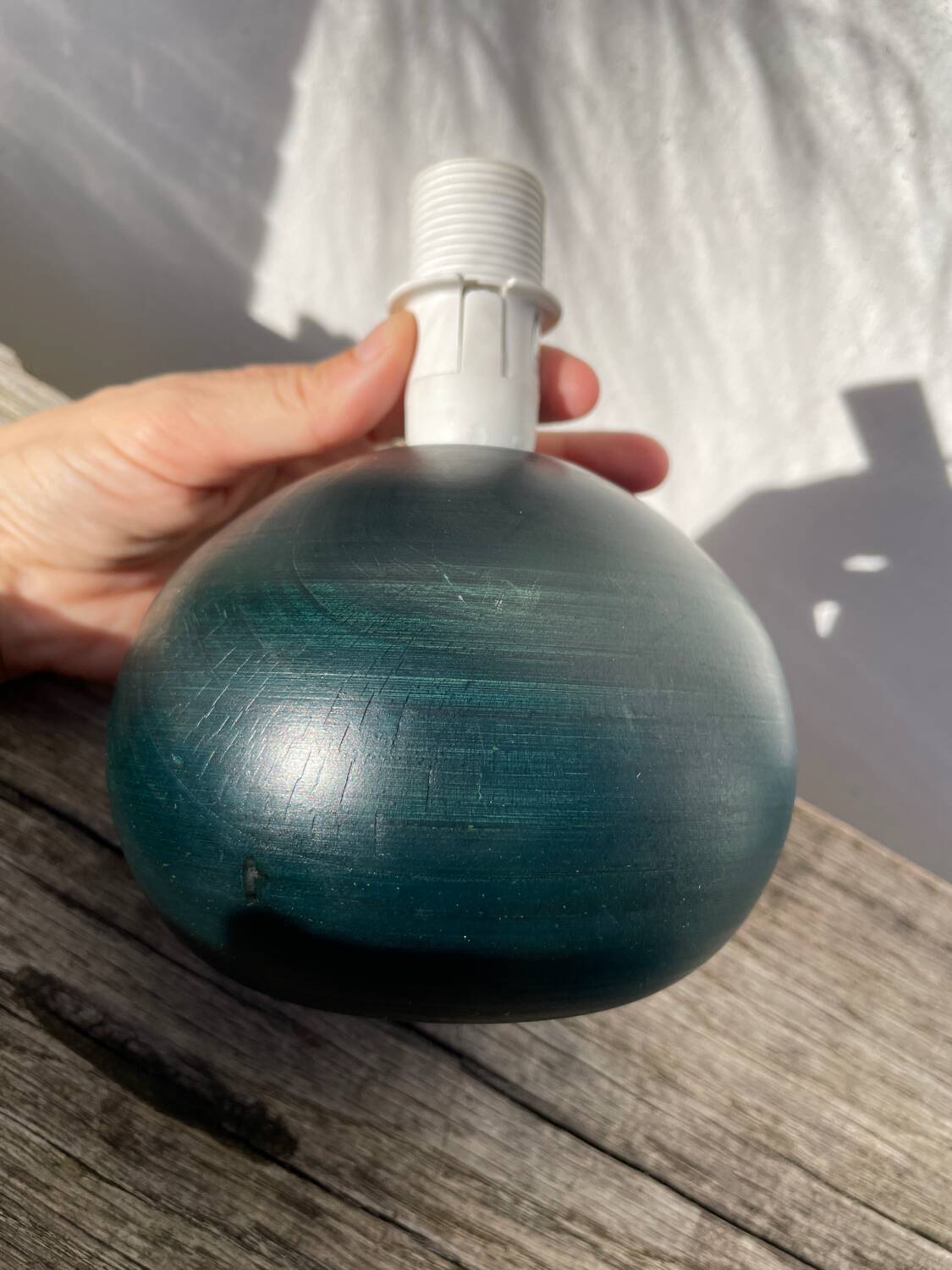 Wooden lamp base, ball-shaped, painted dark green, 1980