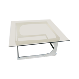 Coffee table design 70s, smoked glass and aluminum