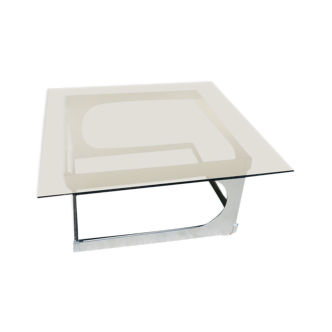 Coffee table design 70s, smoked glass and aluminum