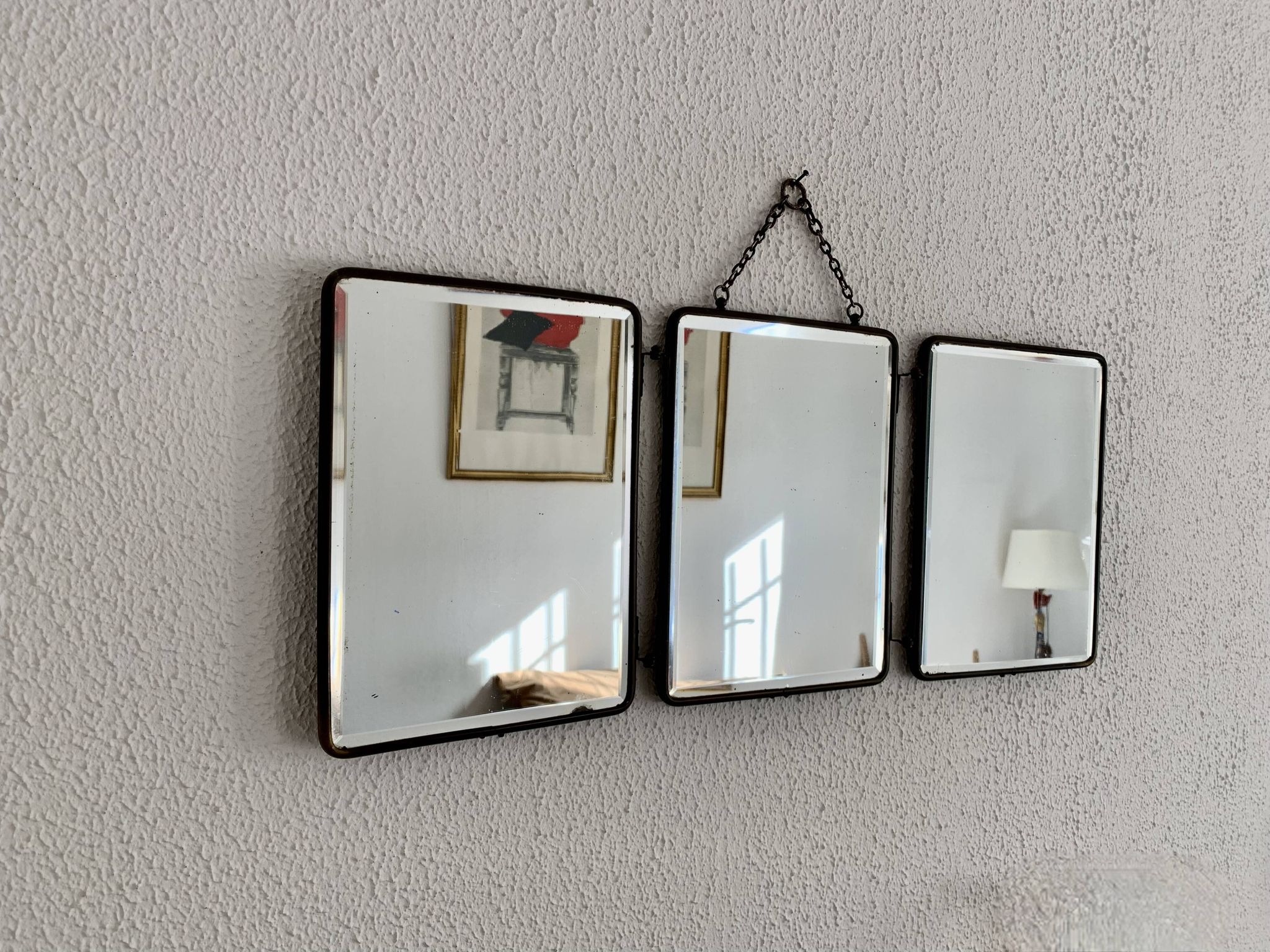 Vintage 1930s barber triptych mirror crystal faux leather gold - 25 x 59 cm