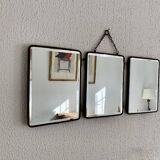 Vintage 1930s barber triptych mirror crystal faux leather gold - 25 x 59 cm