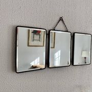Vintage 1930s barber triptych mirror crystal faux leather gold - 25 x 59 cm