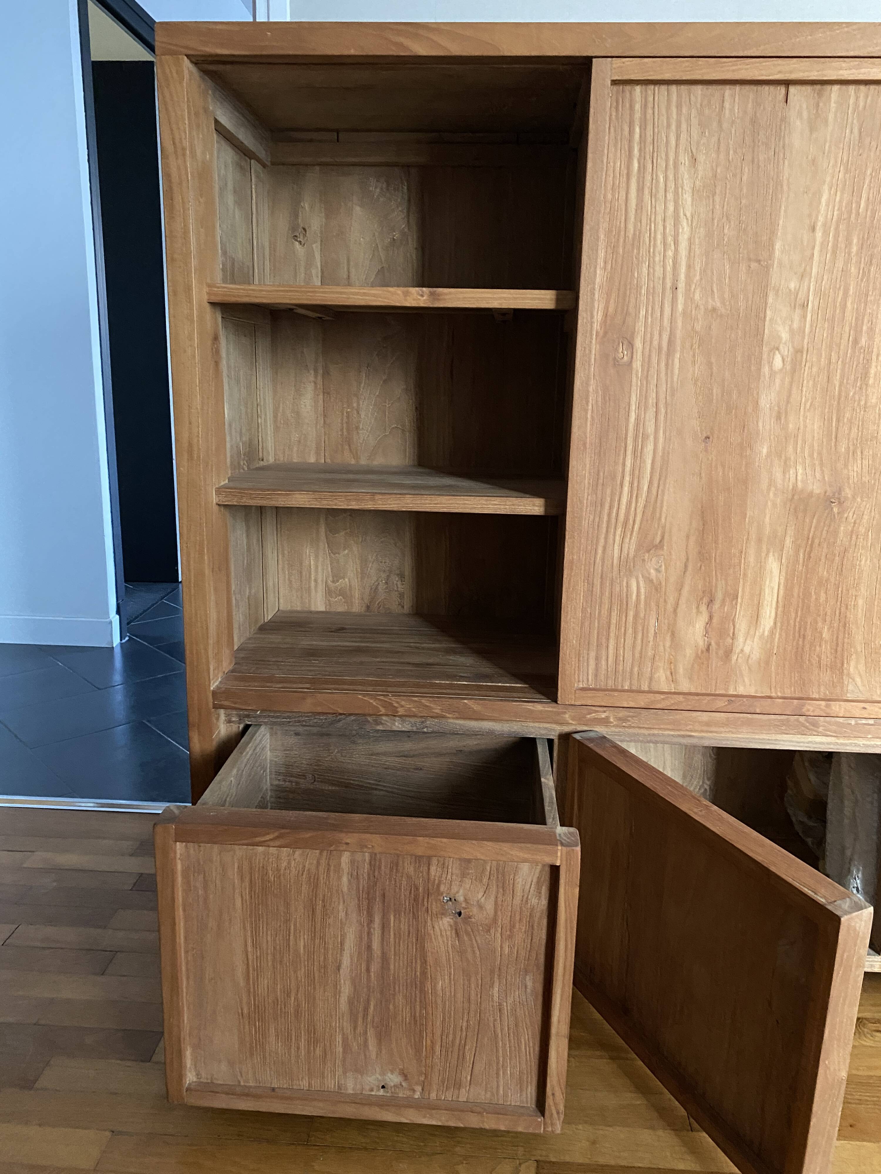 Tv unit with shelves and storage in solid teak