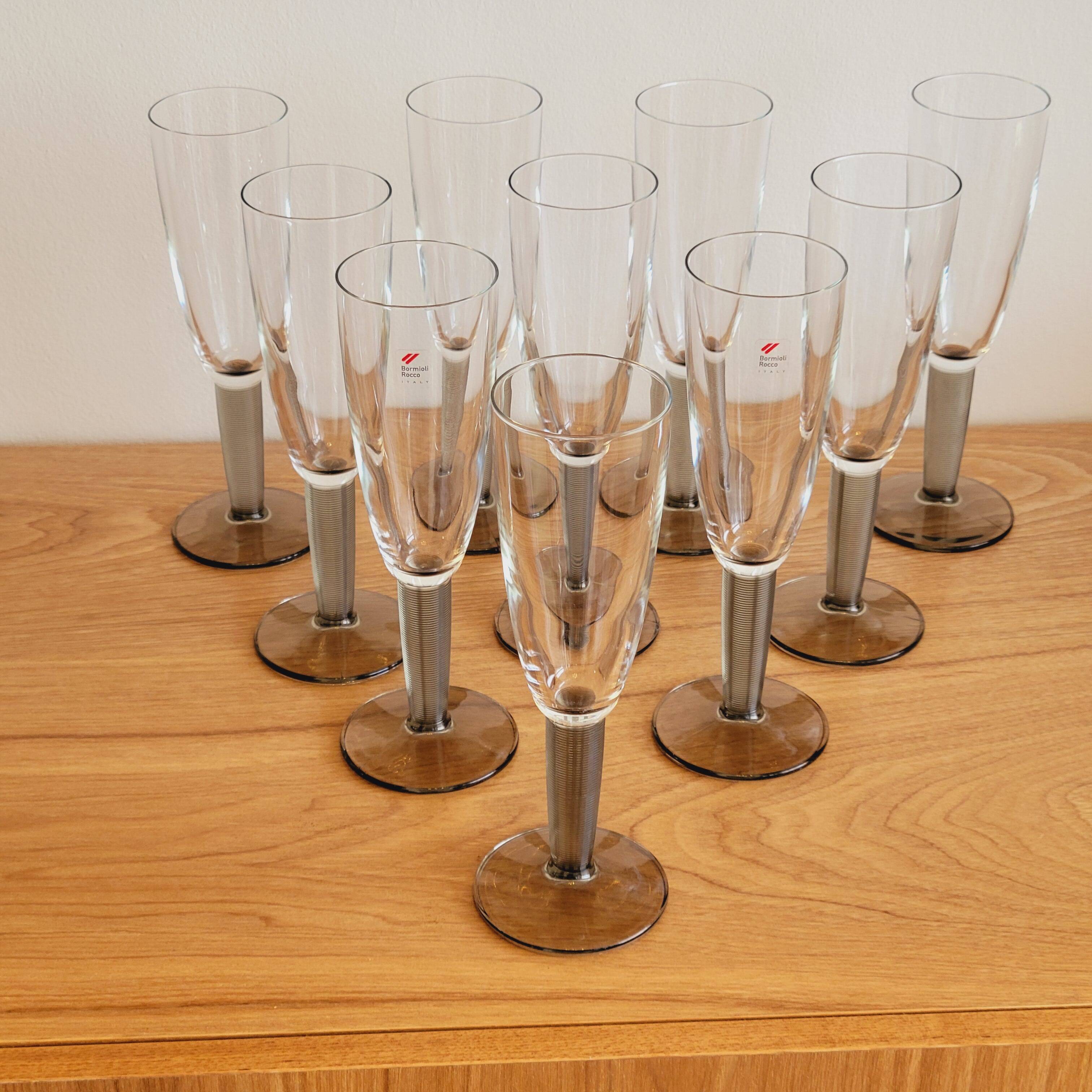 10 Bormioli Rocco Vintage Crystal Champagne Flutes Glasses with Grey Rain Foot