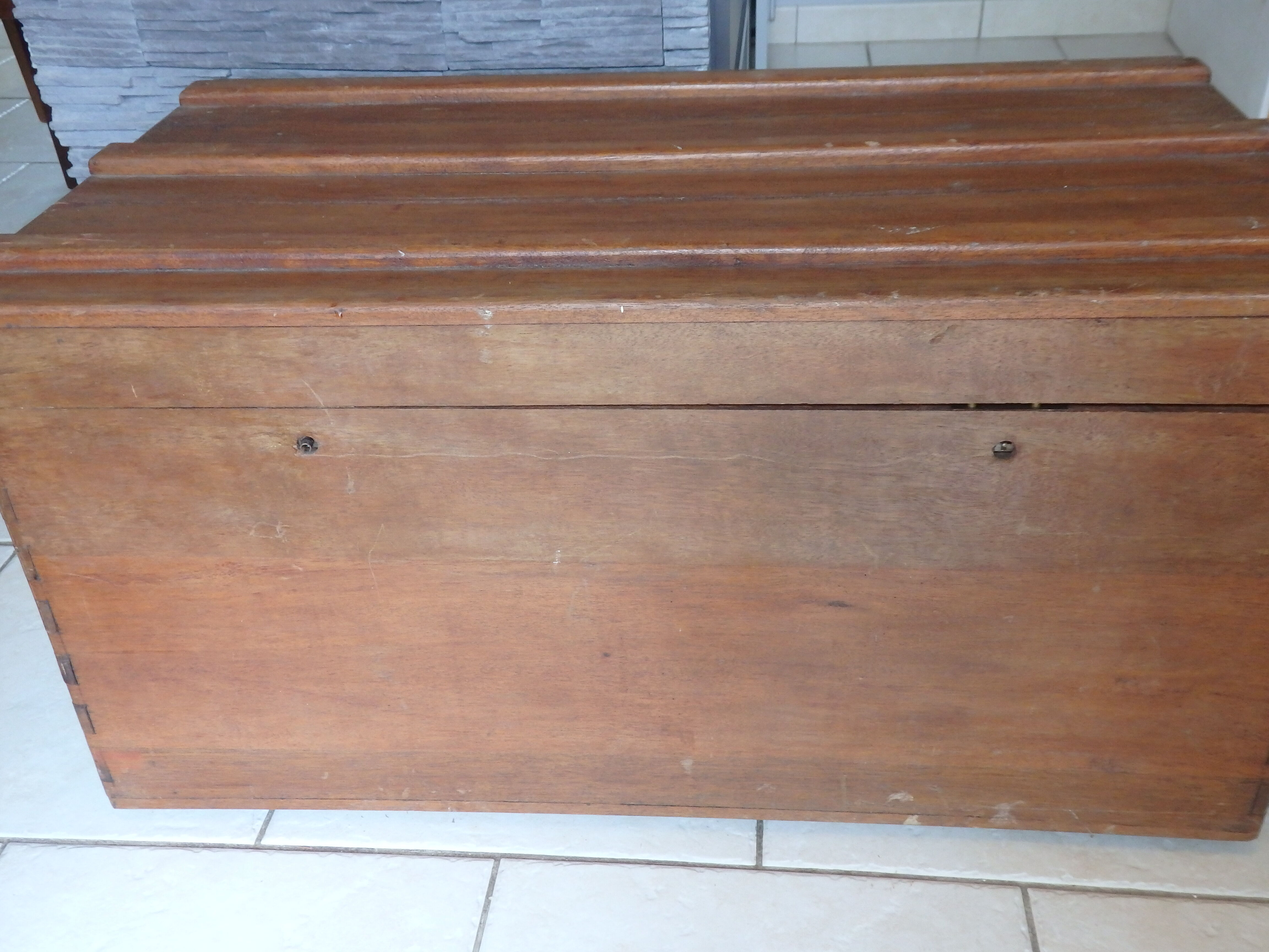 Old military travel trunk with oak key and label