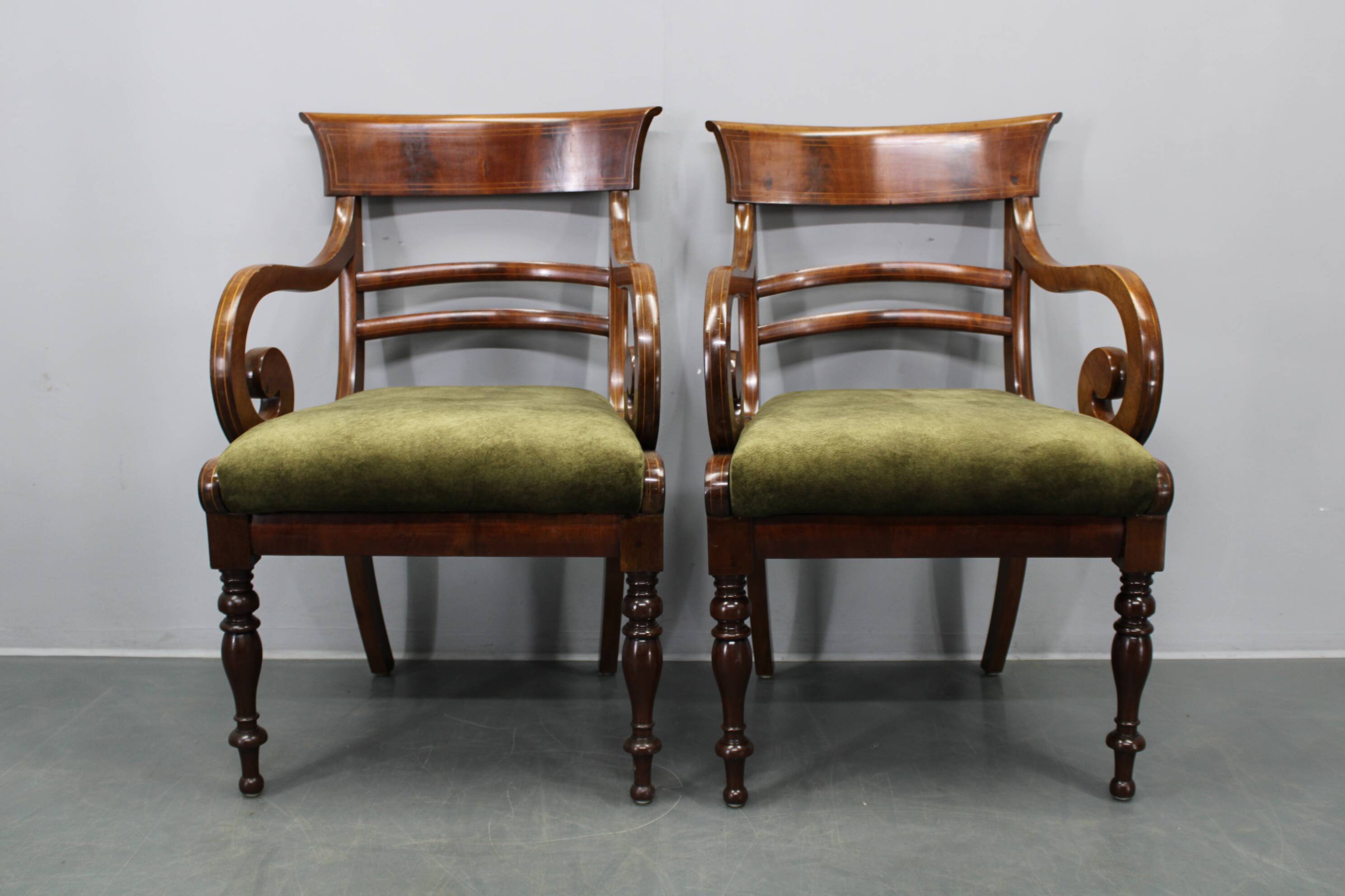French Art Deco walnut dining chair set with armchairs, France 1930s