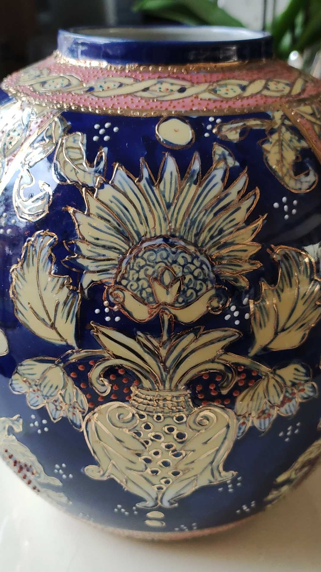 Handcrafted Chinese vase shaped ball in enamelled ceramic. Floral motifs/Ribboned friezes