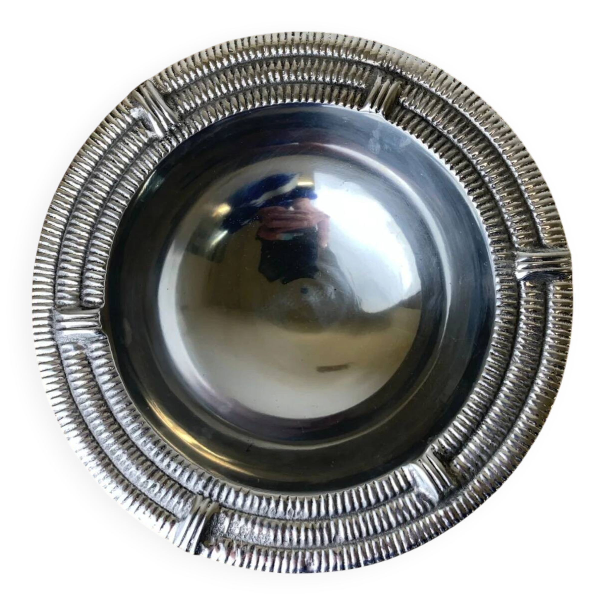 Ridged circular tray, solid aluminium, Spain, 1980s