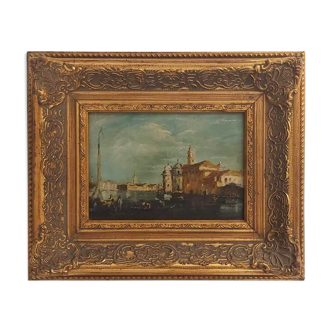 Ancient painting, oil on canvas, View of Venice by E. Jacob, 19th century