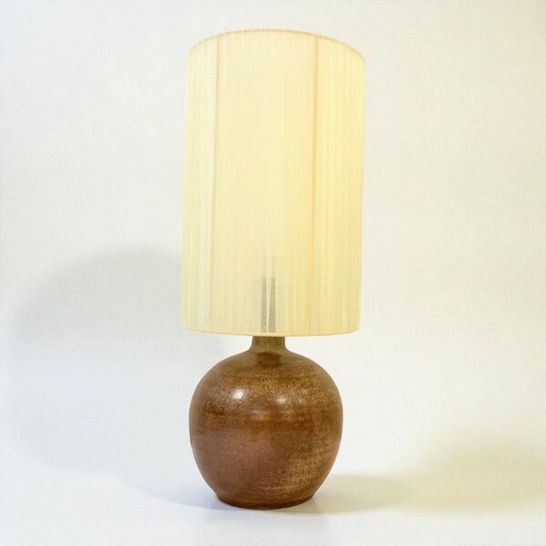 XXL Pied de Lampe vintage en grès marron et abat-jour en ruban beige 1970