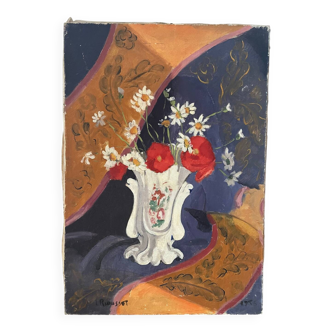 Poppies and daisies, oil on canvas, signed L Riousset.