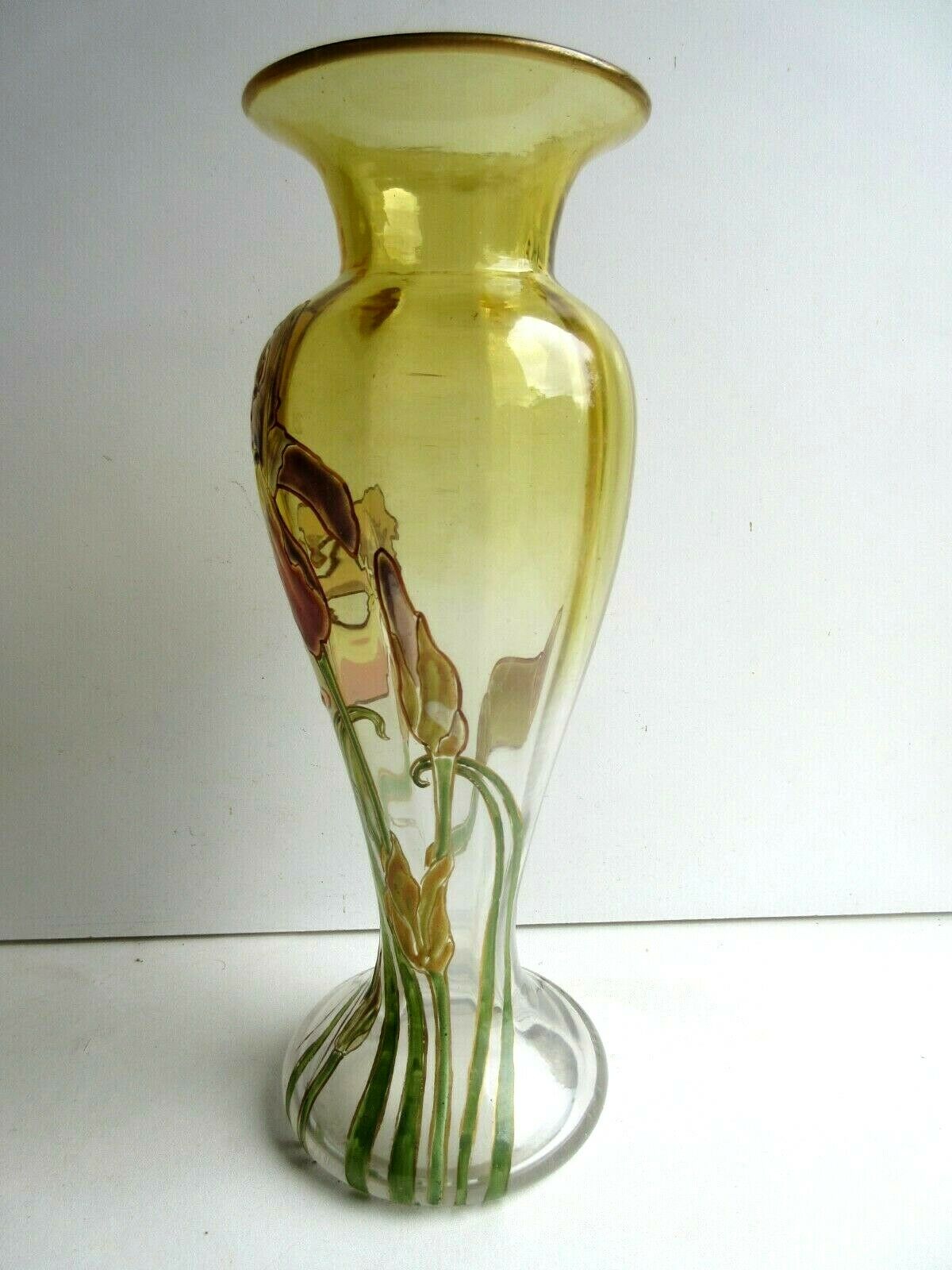 Vase balustre Art Nouveau, verre miel dégradé, émaillé Legras, iris