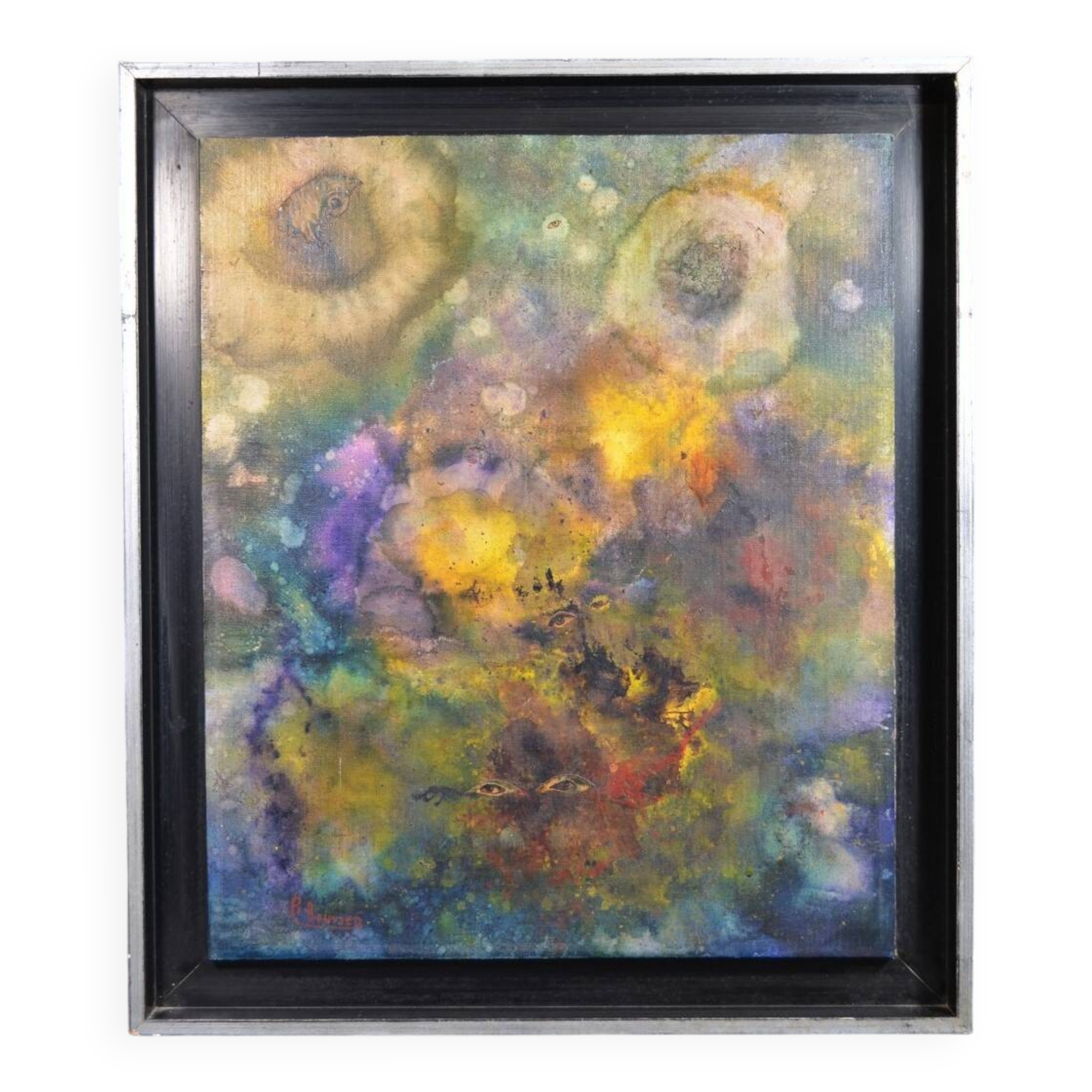 R. Bouvier (20th century) Surrealist composition Signed mounted canvas