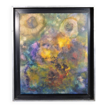 R. Bouvier (20th century) Surrealist composition Signed mounted canvas