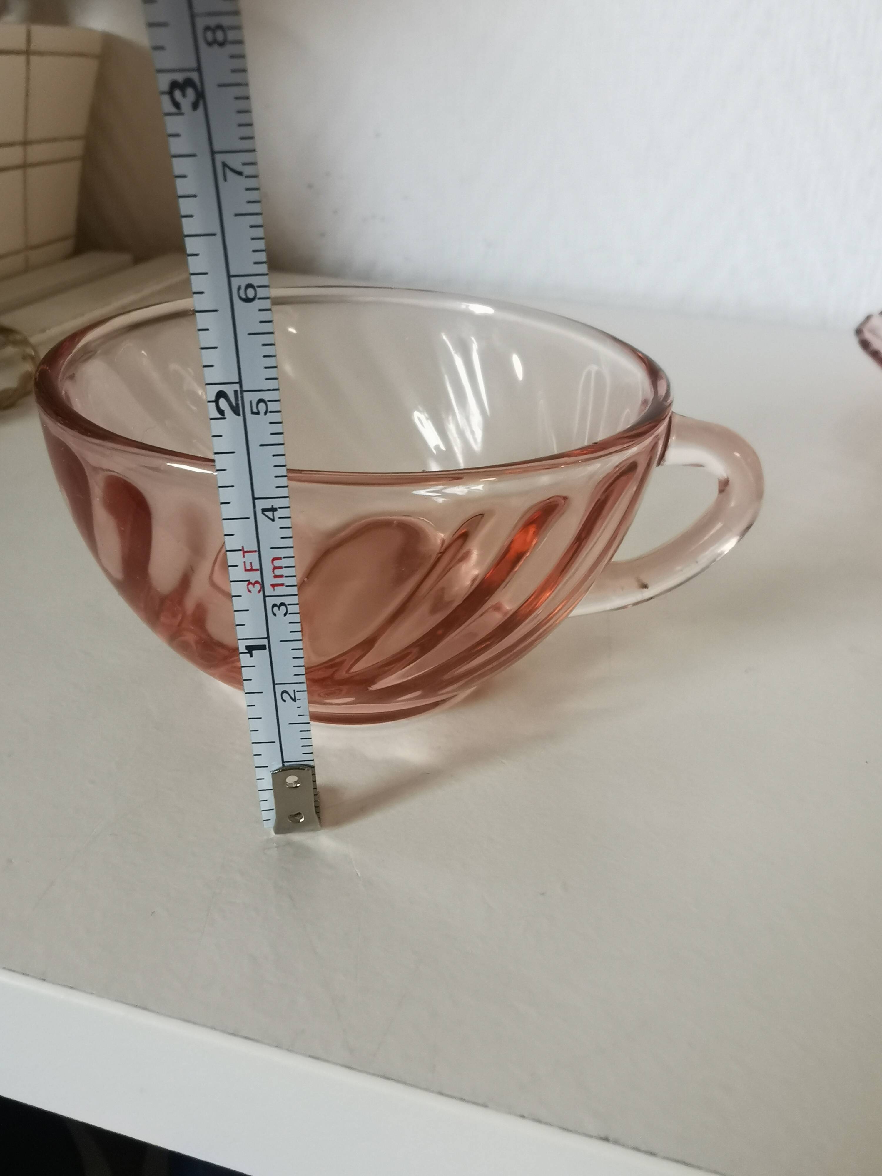 set of 6 pink glass coffee cups and saucers, rosaline