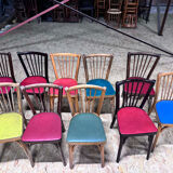 Set of 10 Baumann bistro chairs with curved wood and Skaï seat.