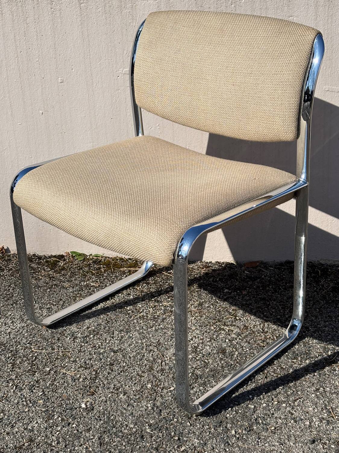 Vintage steel and beige fabric sleigh chair