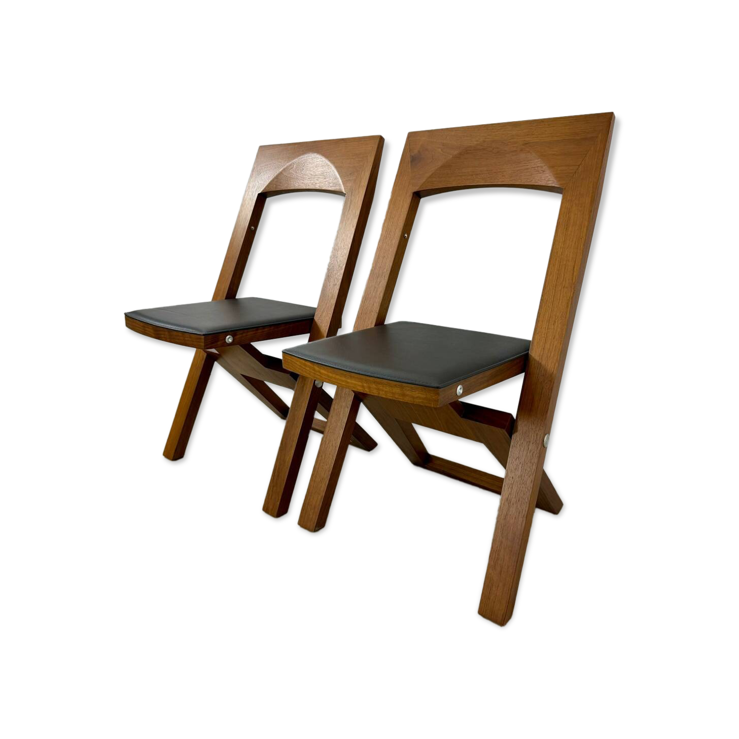2 old folding chairs in wood and leather, postmodern design from the 80s vintage
