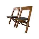 2 chaises pliantes postmodernes en bois et cuir, années 80