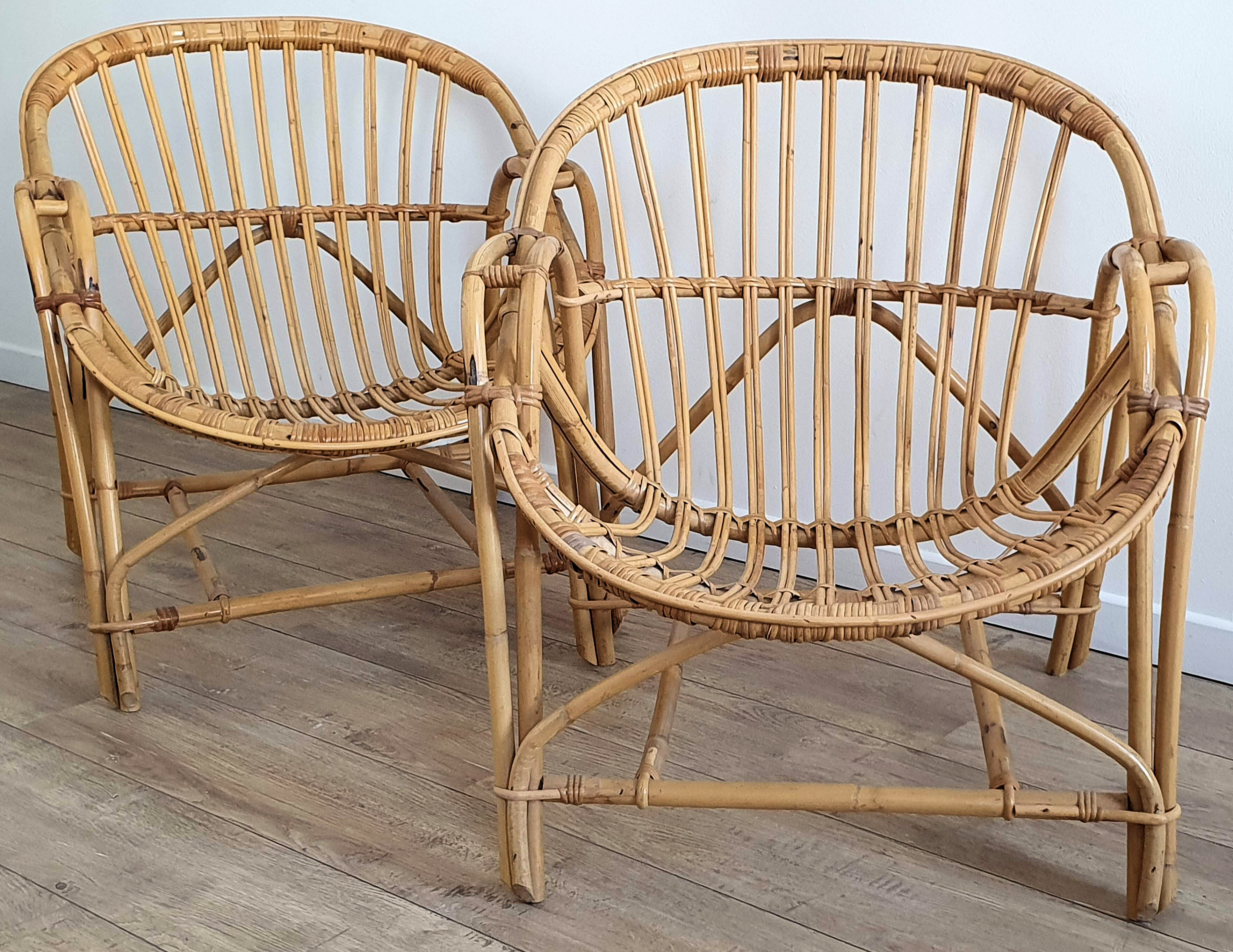 Duo of rattan shell armchairs 1970