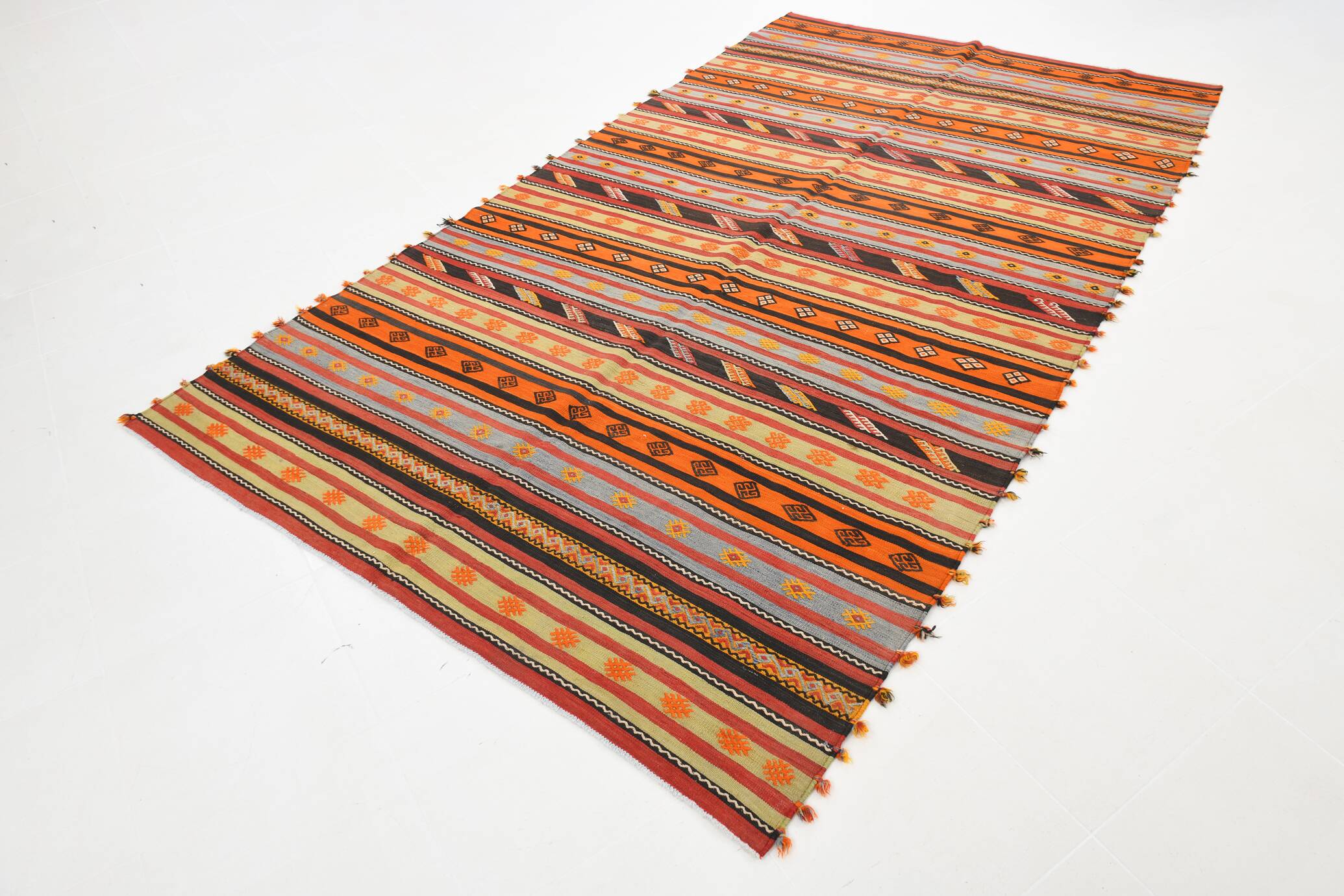 6x11 Pumpkin Orange Striped Turkish Vintage Kilim Rug, 182x320Cm