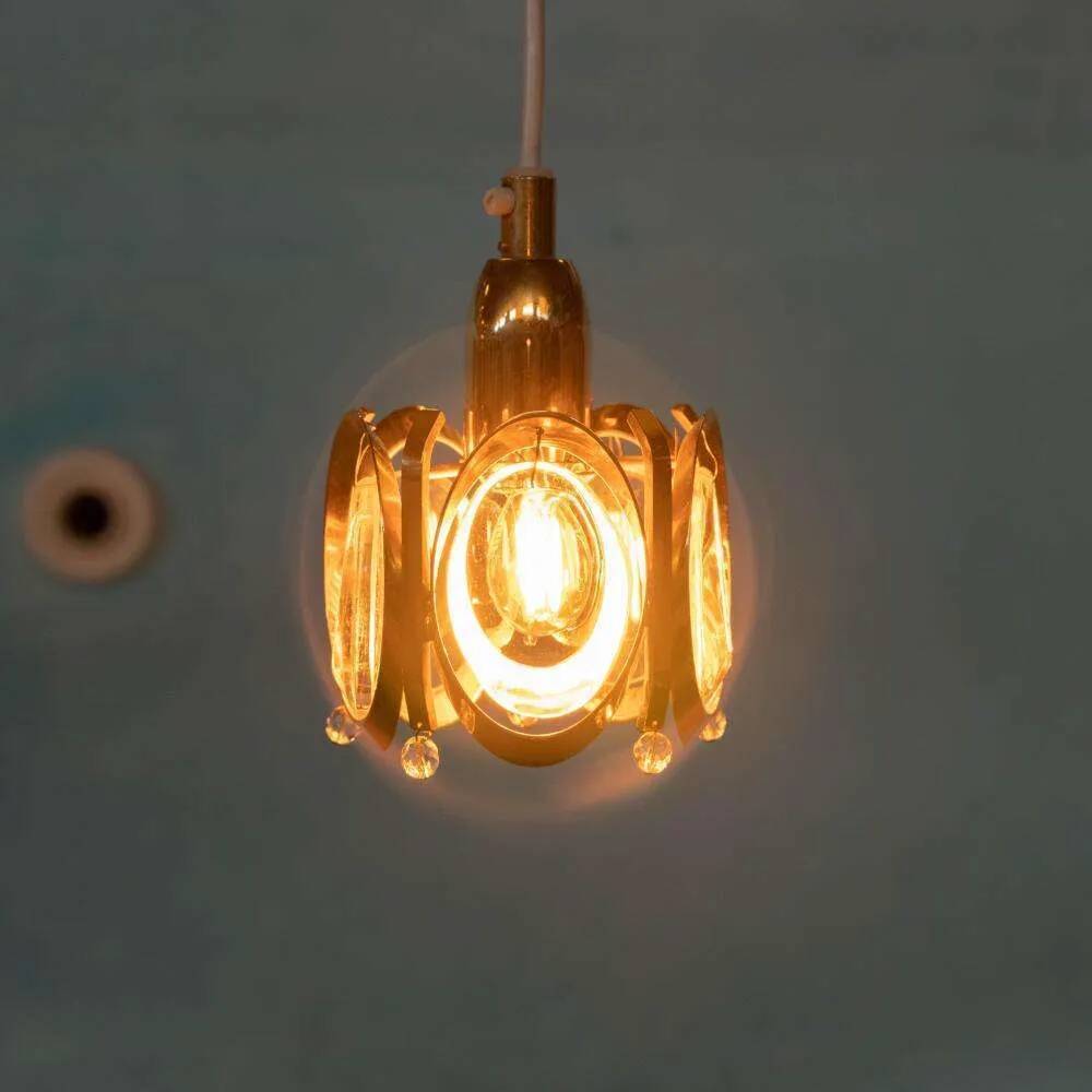 Vintage brass and crystal suspension Palwa, mid-century suspension.