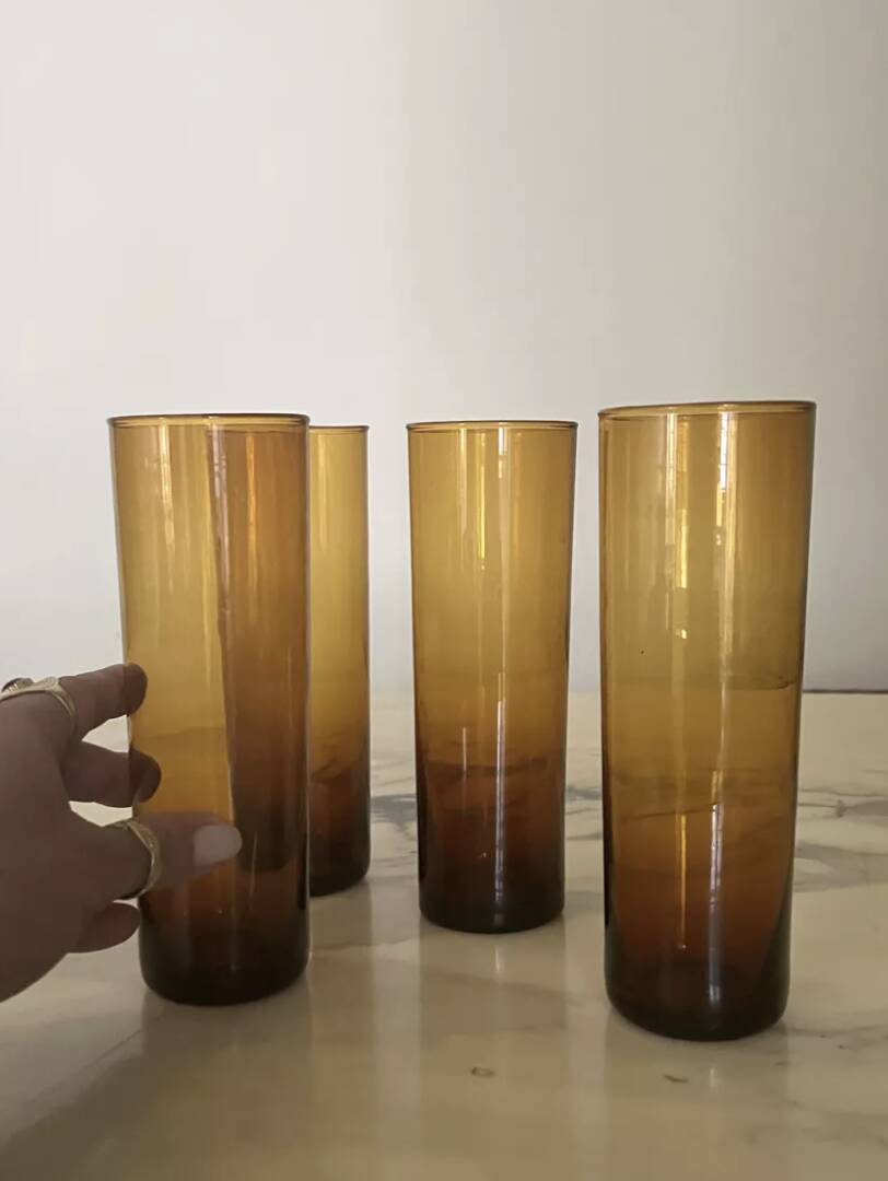 Set of 4 smoky amber brown water/orangeade glasses, France 1970.