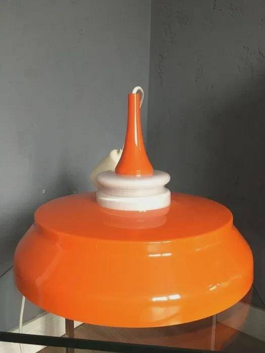 Space Age pendant lamp, orange and white, plastic, 1960s-70s