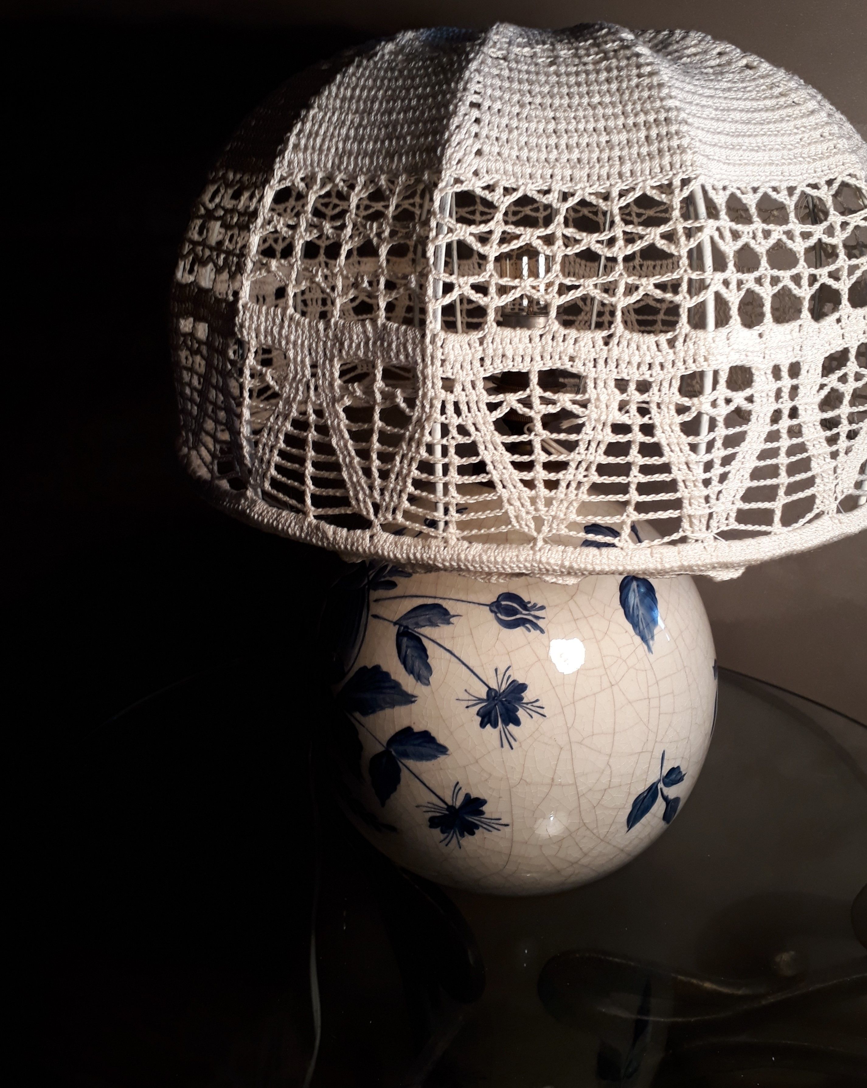 Hand-painted porcelain lamp varnish and crack, crochet-made lampshade, h 48x30cm