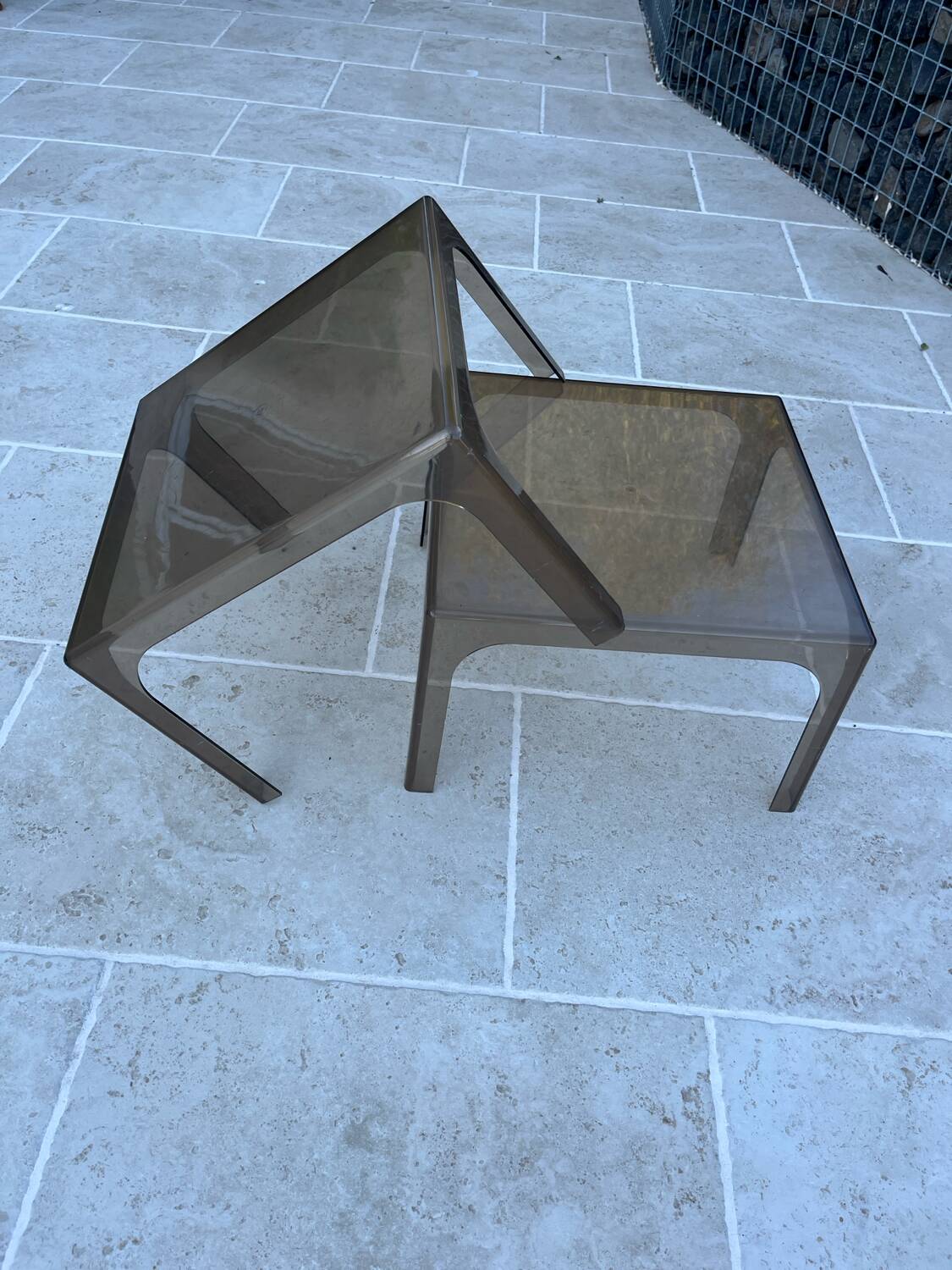 Pair of smoked plexiglass coffee tables 1970 side tables