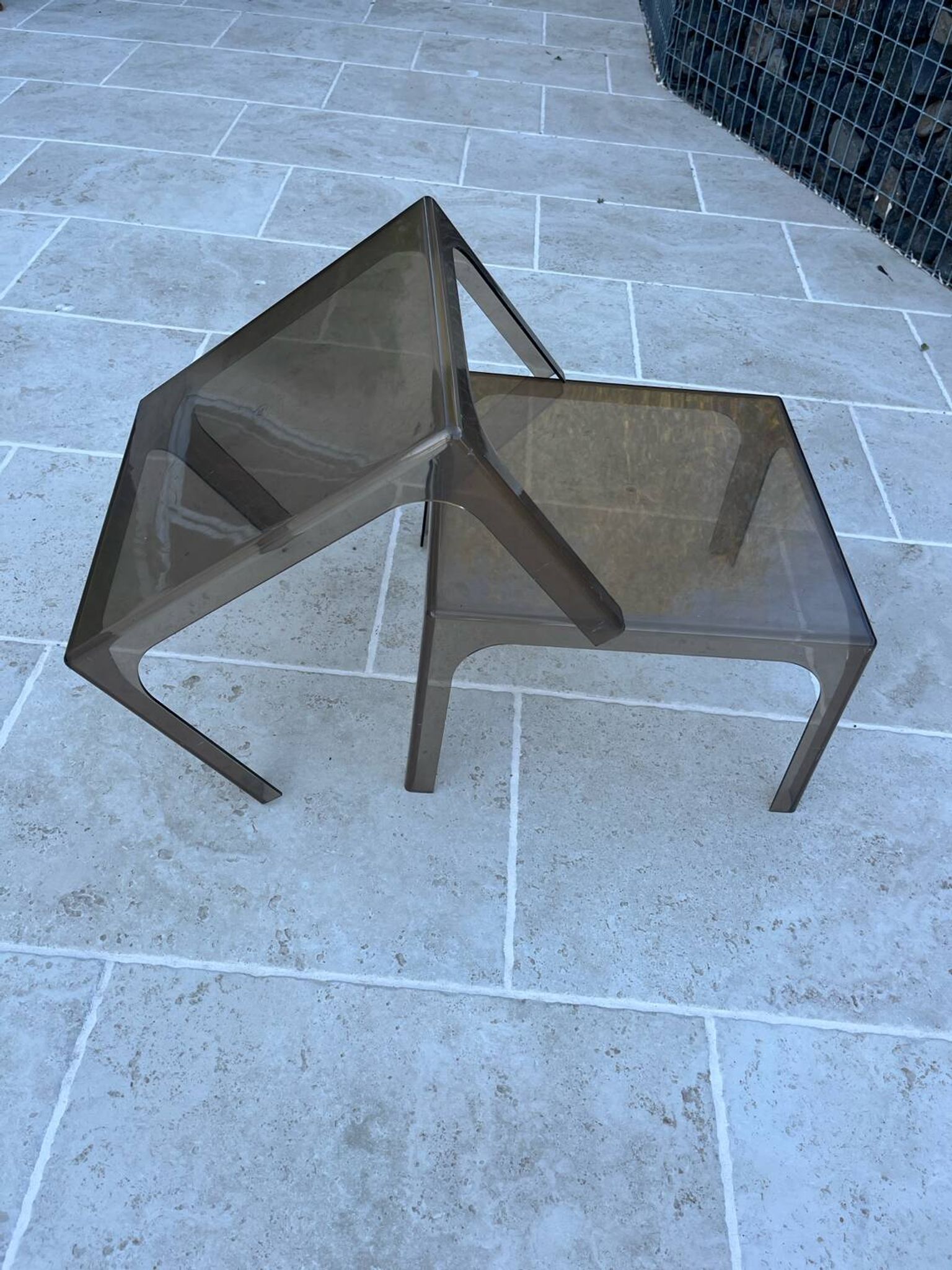 Pair of smoked plexiglass coffee tables 1970 side tables