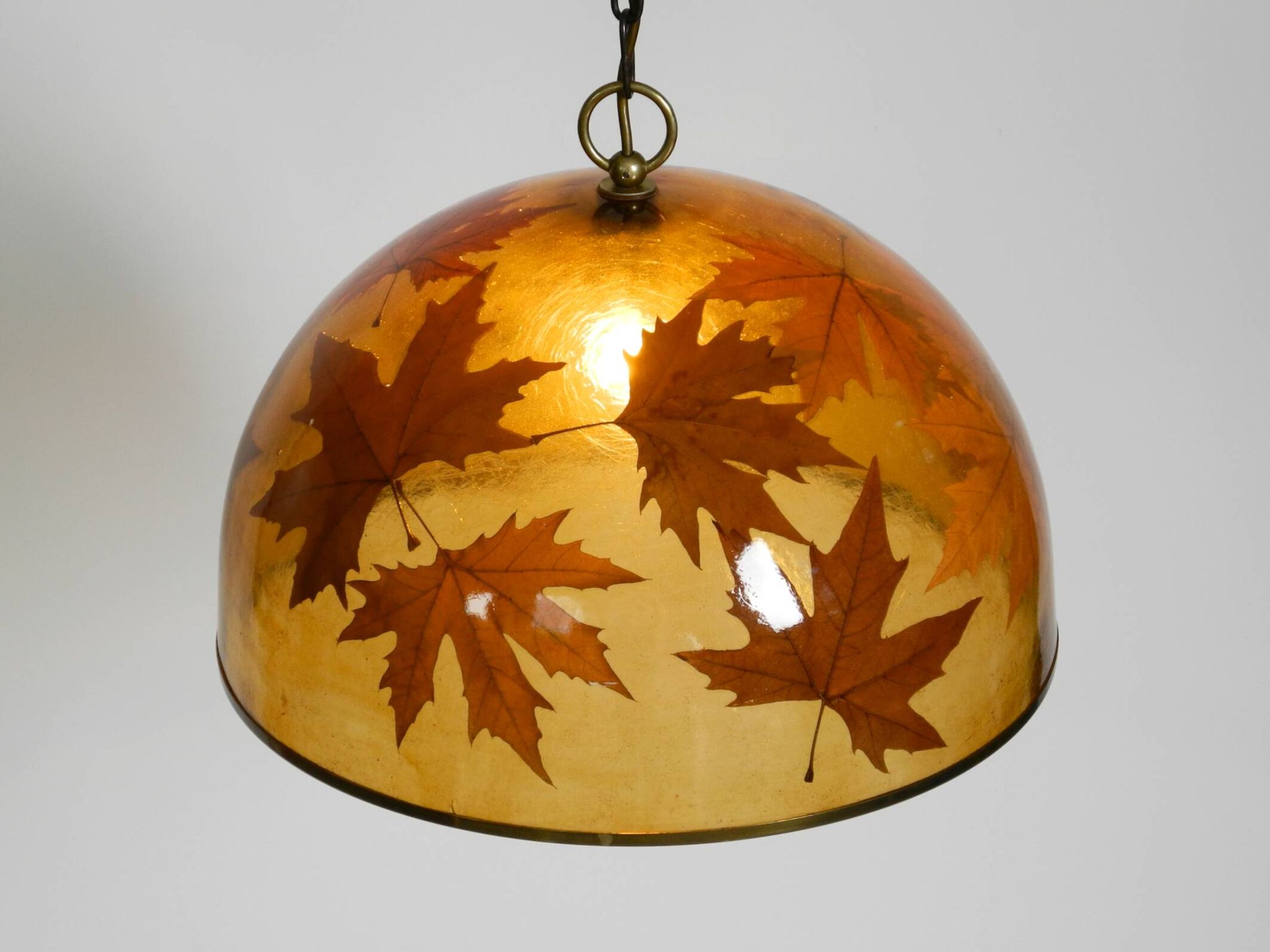 Rare, large 1970s Italian resin pendant lamp with embedded maple leaves