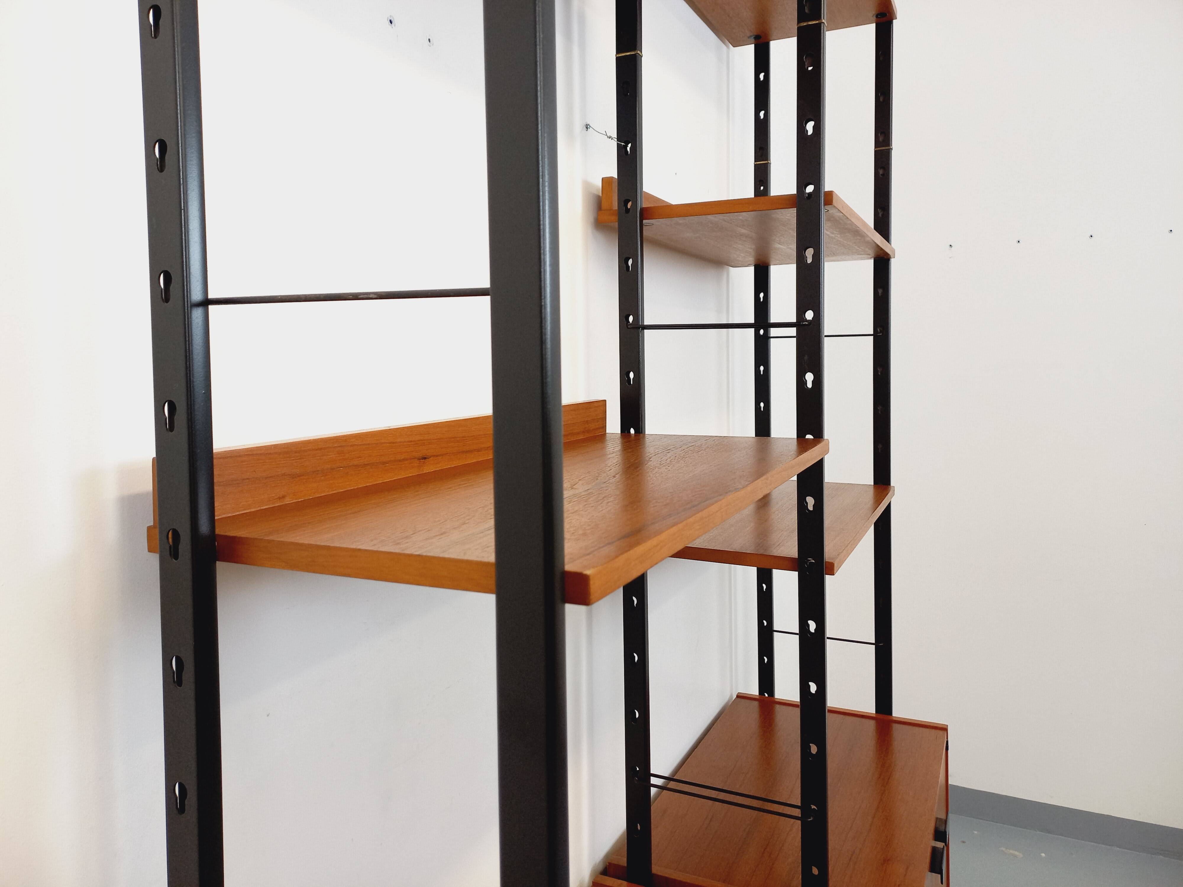 Vintage Italian double modular shelf bookcase in teak and metal