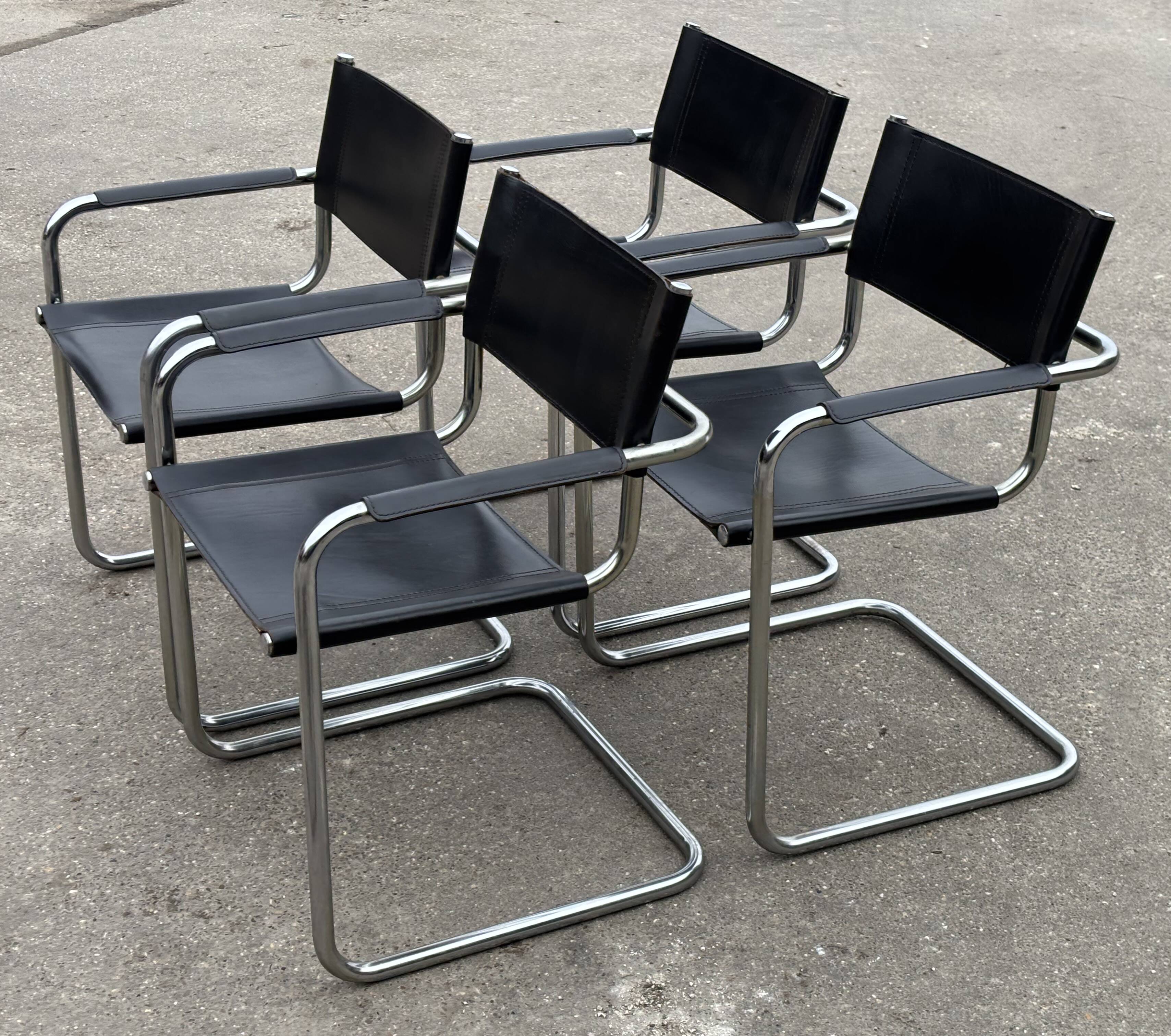Vintage set of 4 tubular leather chairs style MG5 Grassi