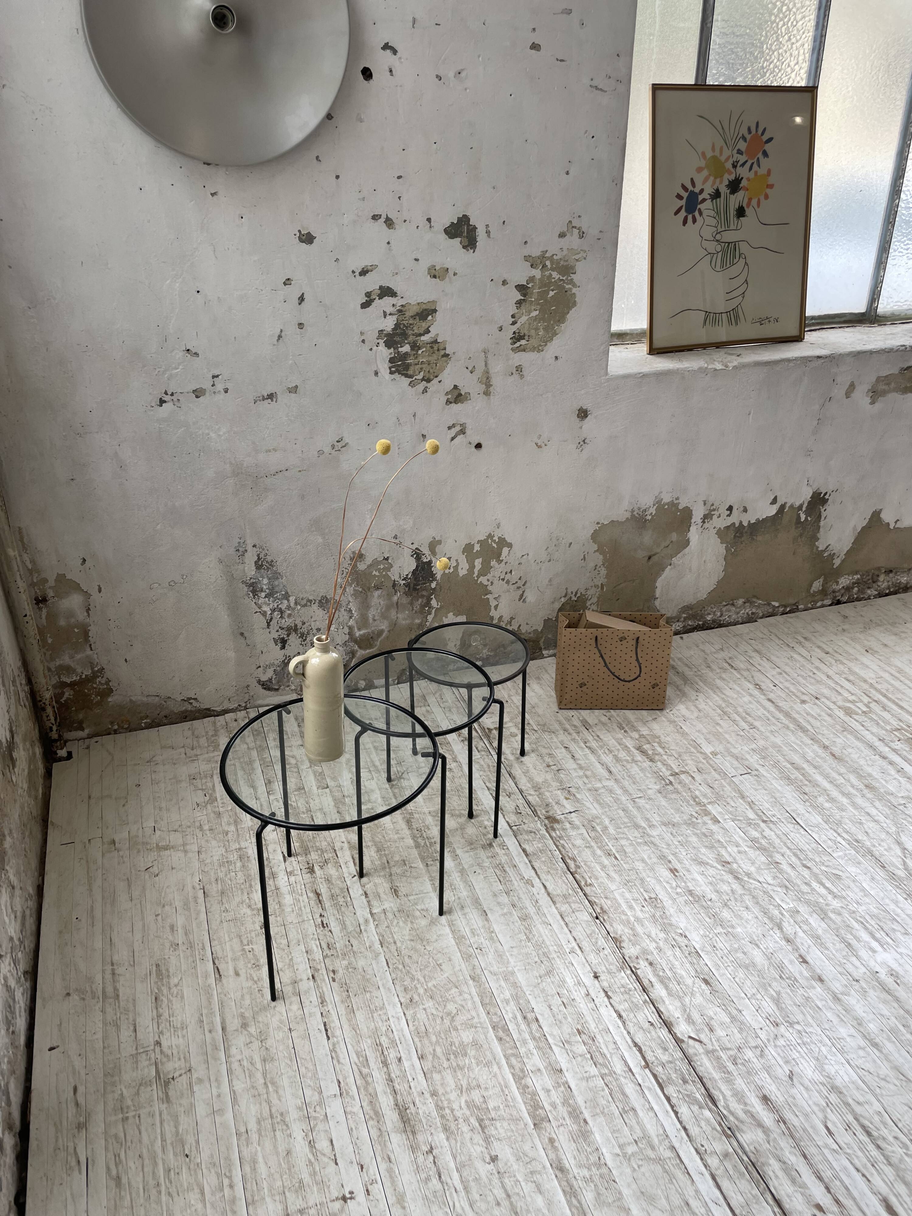 50s metal and glass nesting coffee tables
